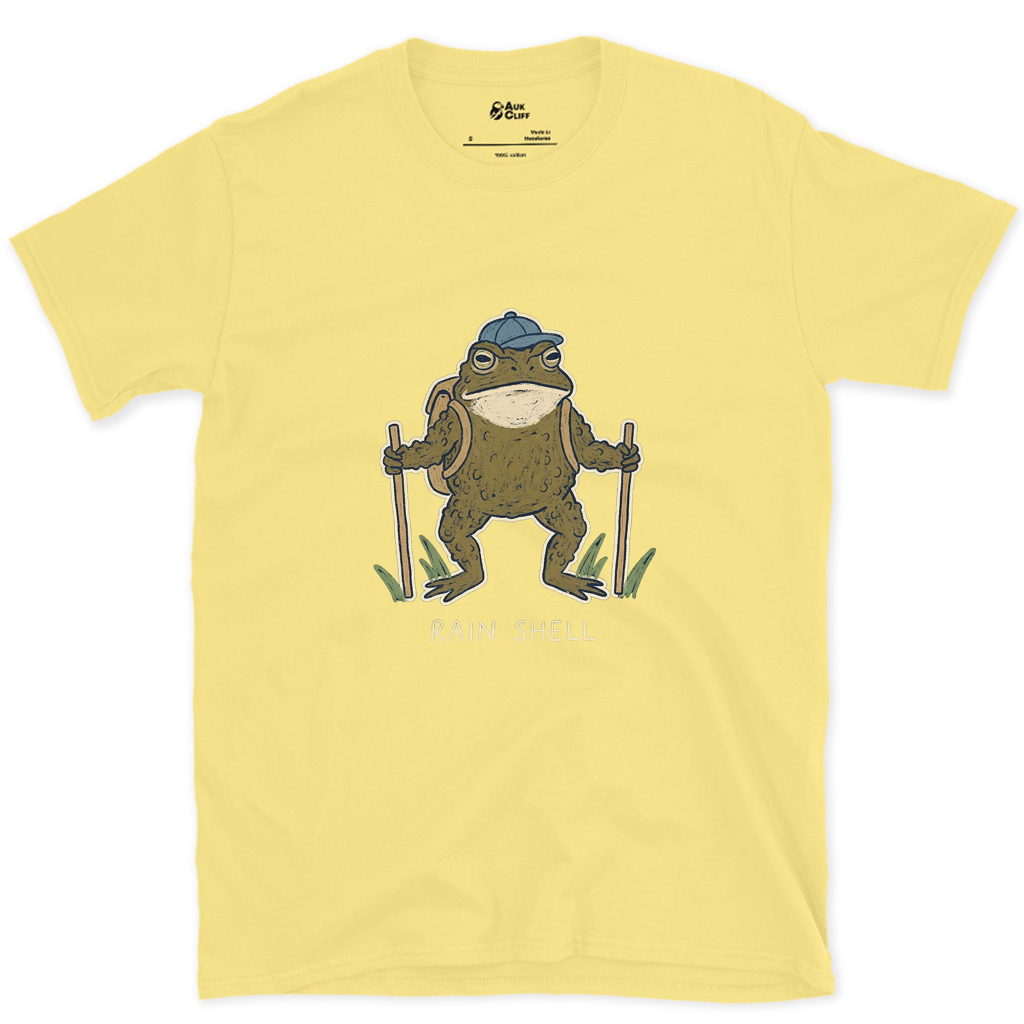 Rain Shell, Toad Hiker design on a Cornsilk Gildan Softstyle t-shirt