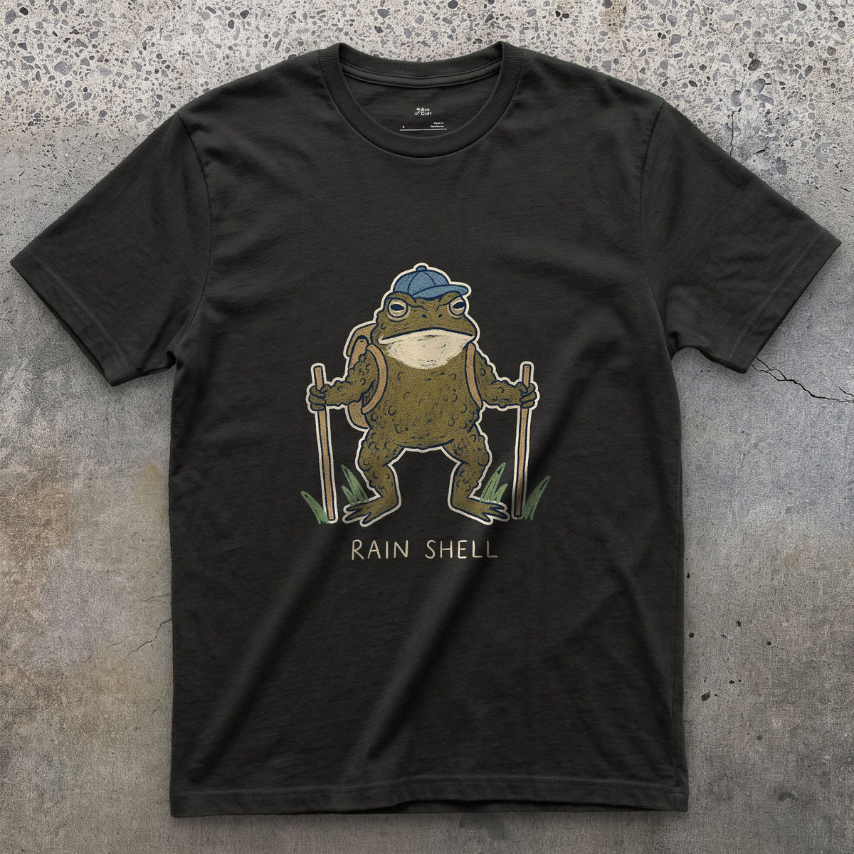 Rain Shell, Toad Hiker design on a Black Gildan Softstyle t-shirt