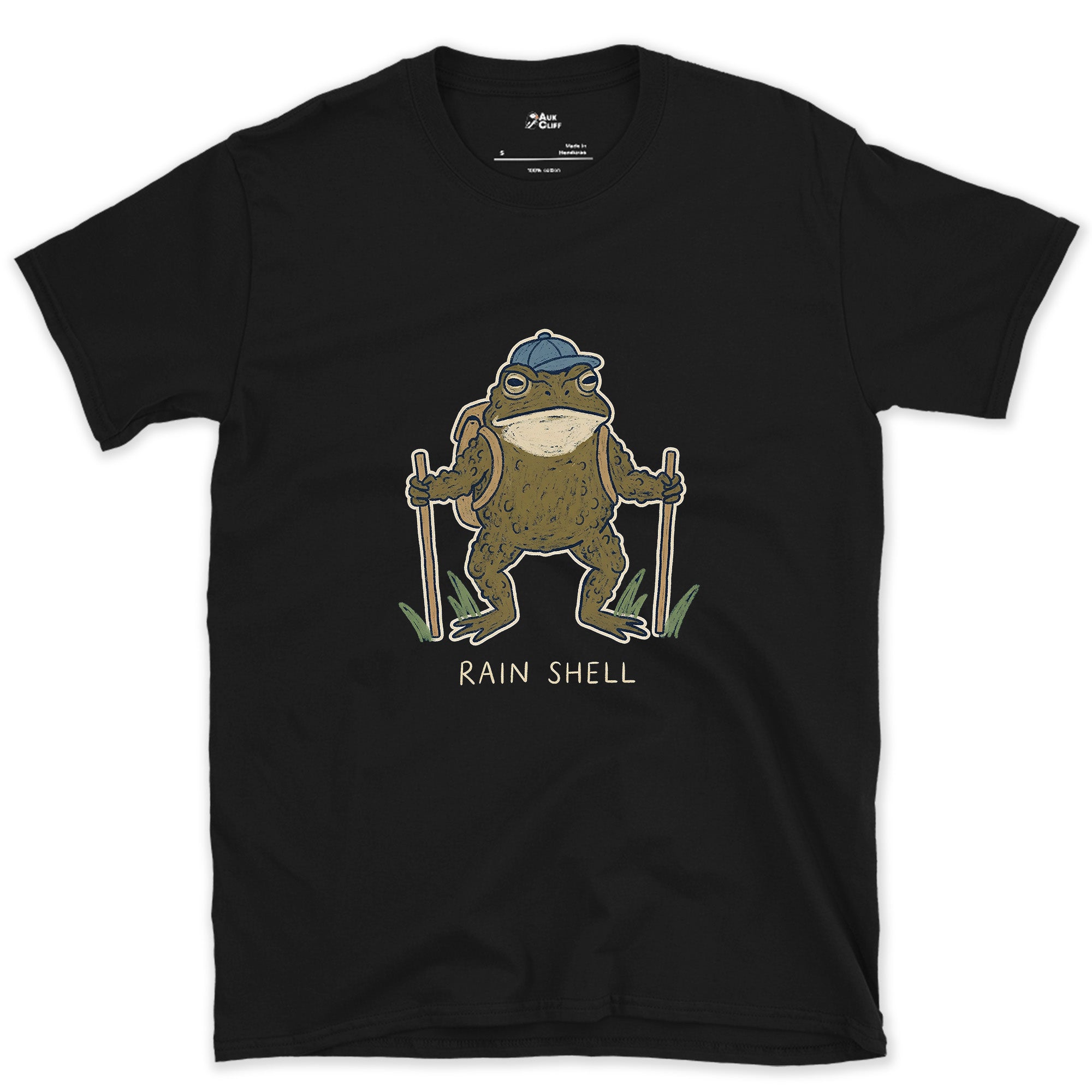 Rain Shell, Toad Hiker design on a Black Gildan Softstyle t-shirt