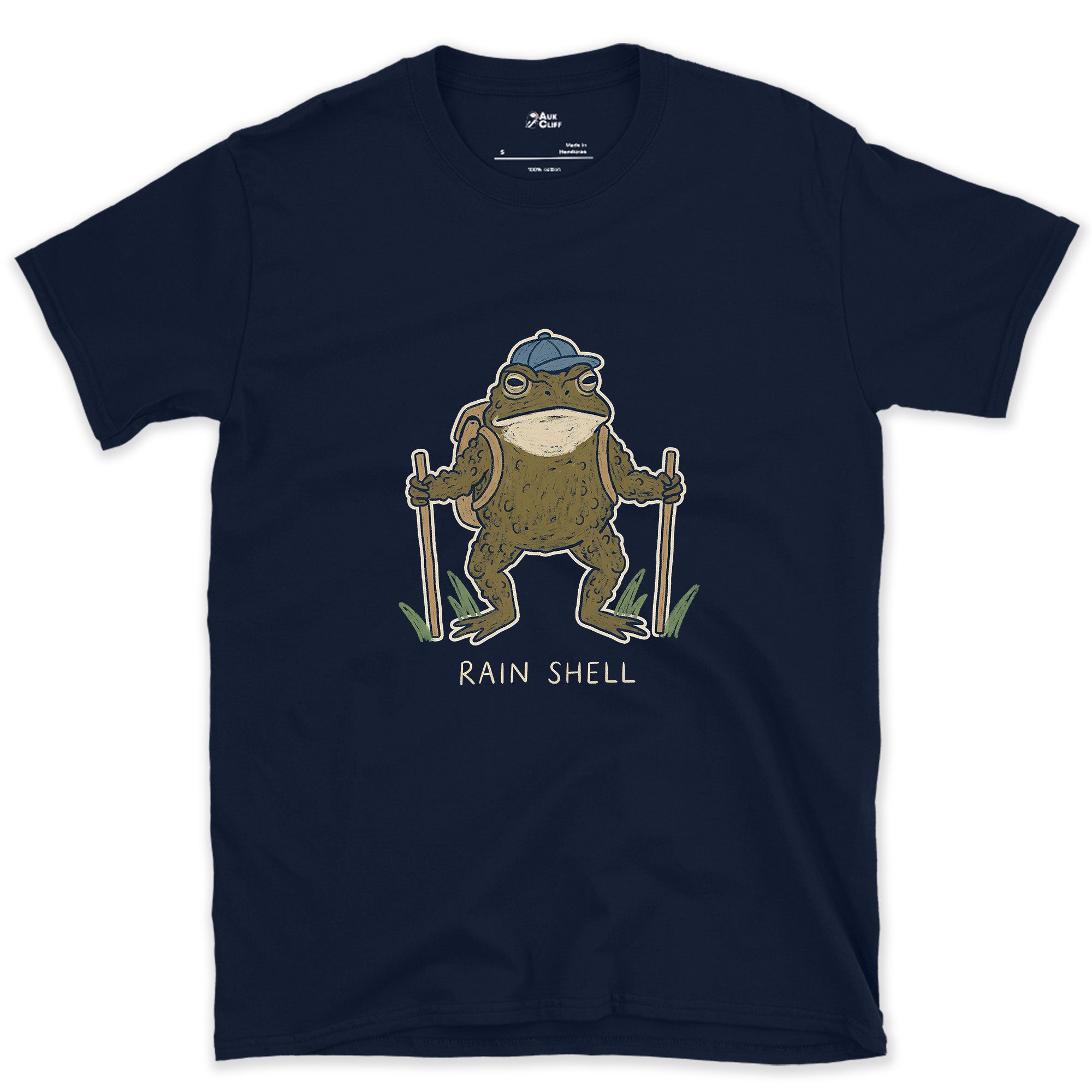 Rain Shell, Toad Hiker design on a Navy Gildan Softstyle t-shirt