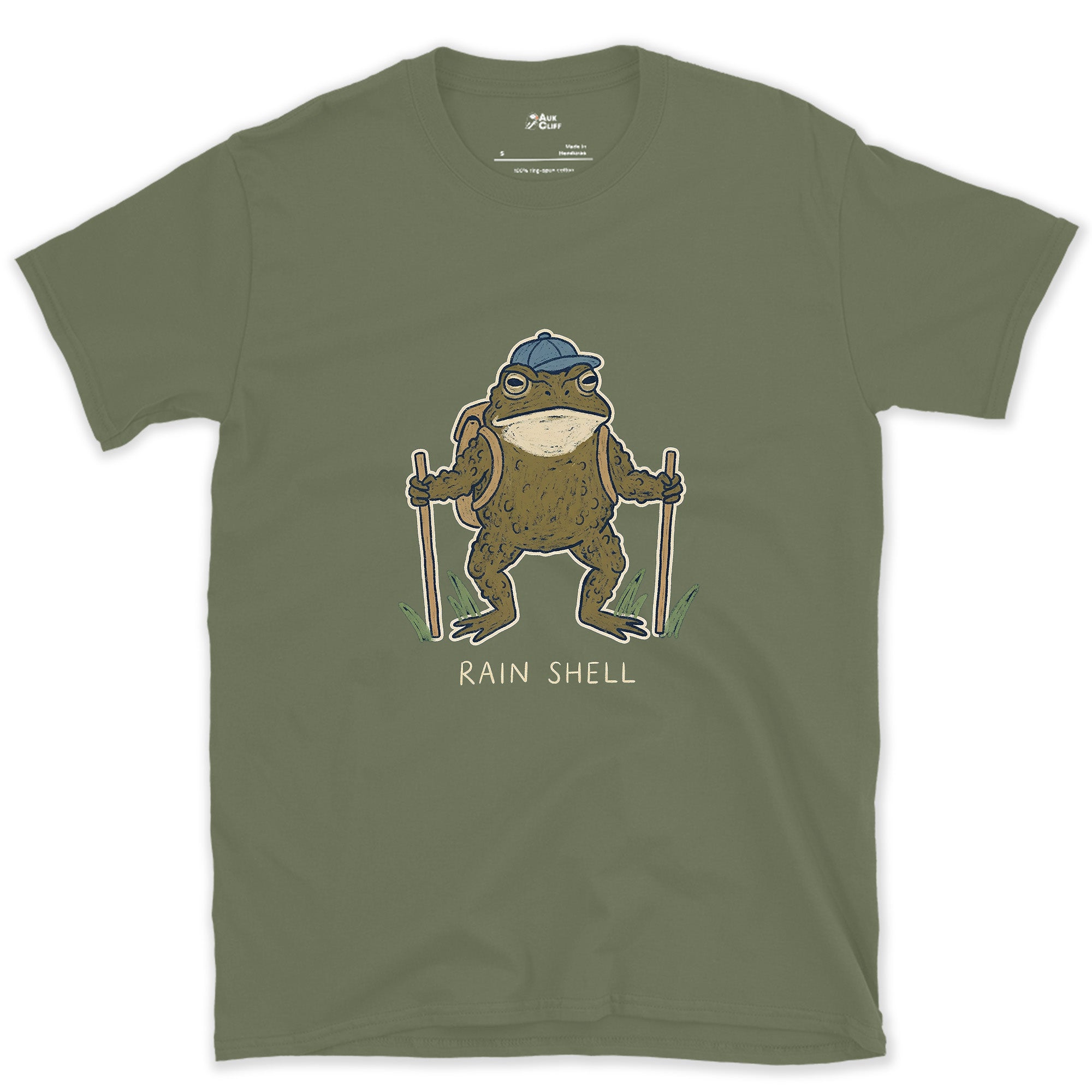 Rain Shell, Toad Hiker design on a Military Green Gildan Softstyle t-shirt