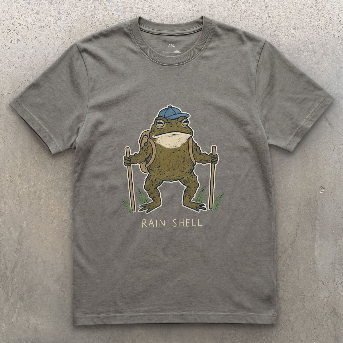 Rain Shell, Toad Hiker design on a Charcoal Gildan Softstyle t-shirt