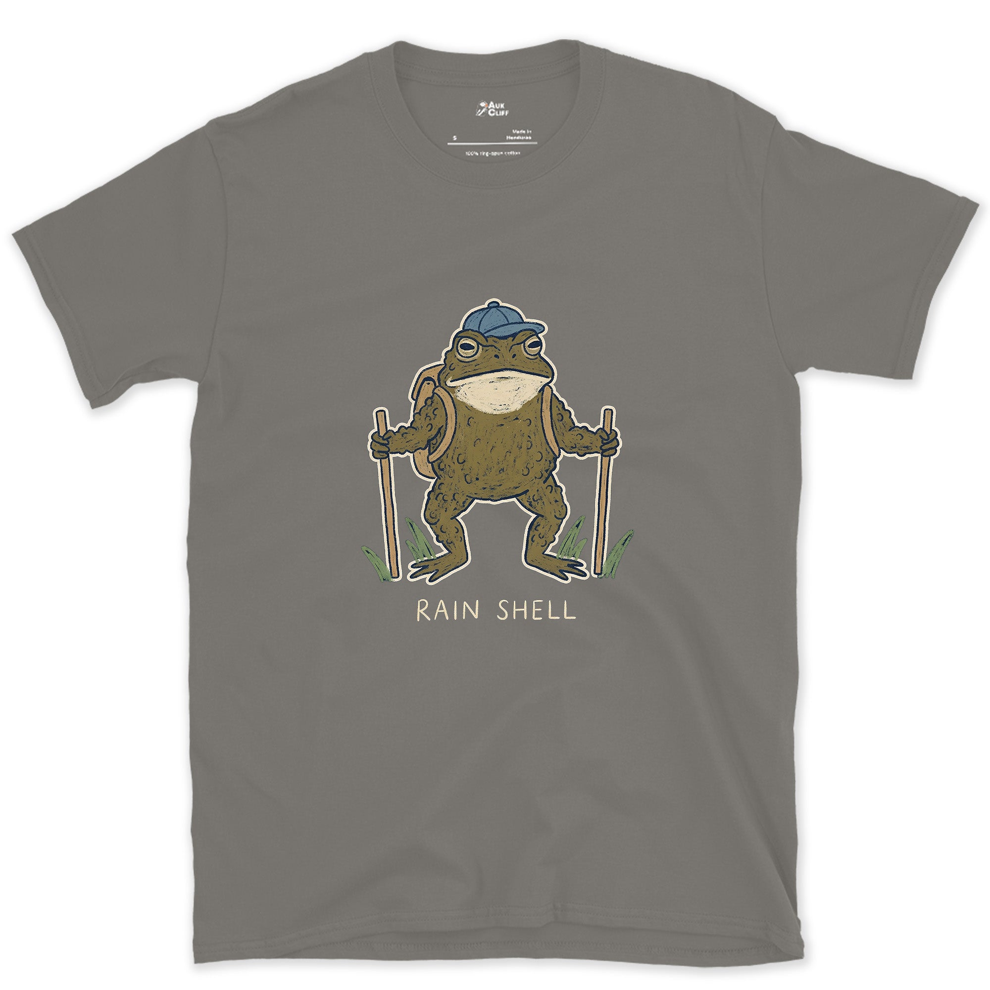 Rain Shell, Toad Hiker design on a Charcoal Gildan Softstyle t-shirt