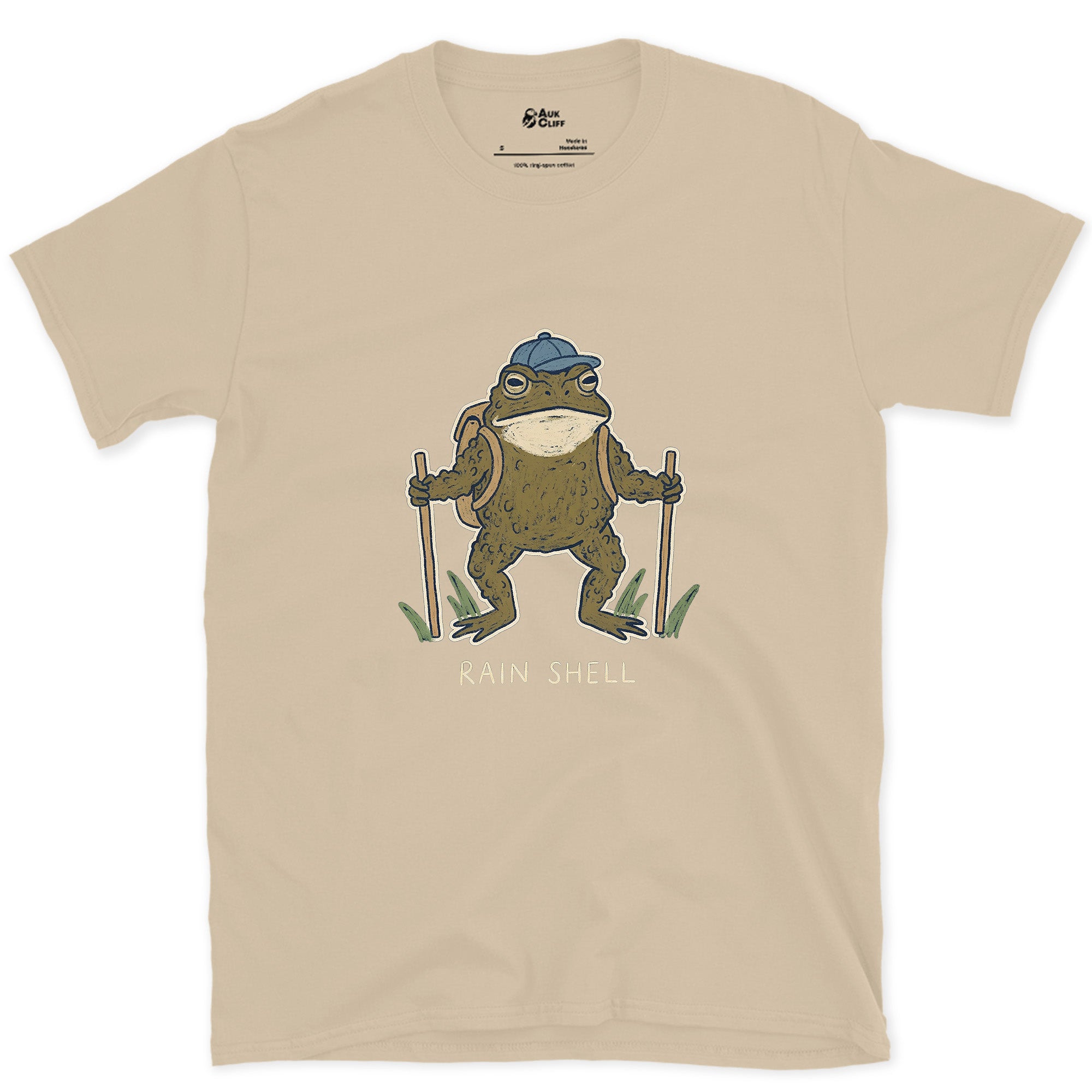 Rain Shell, Toad Hiker design on a Sand Gildan Softstyle t-shirt