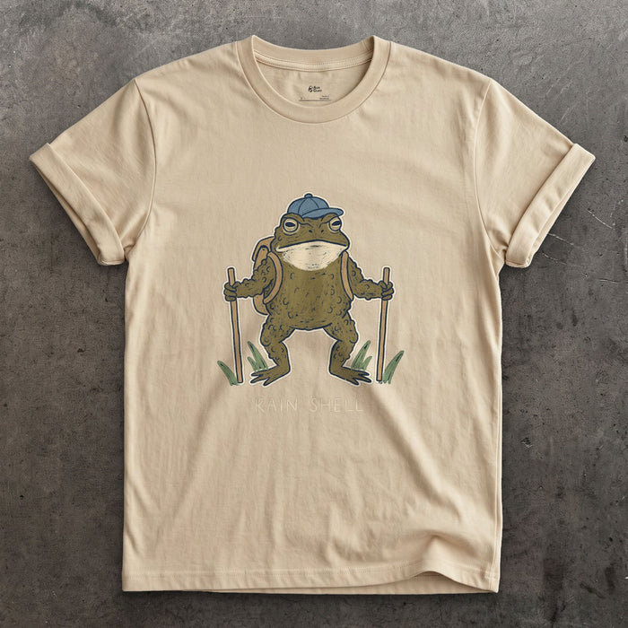 Rain Shell, Toad Hiker design on a Sand Gildan Softstyle t-shirt