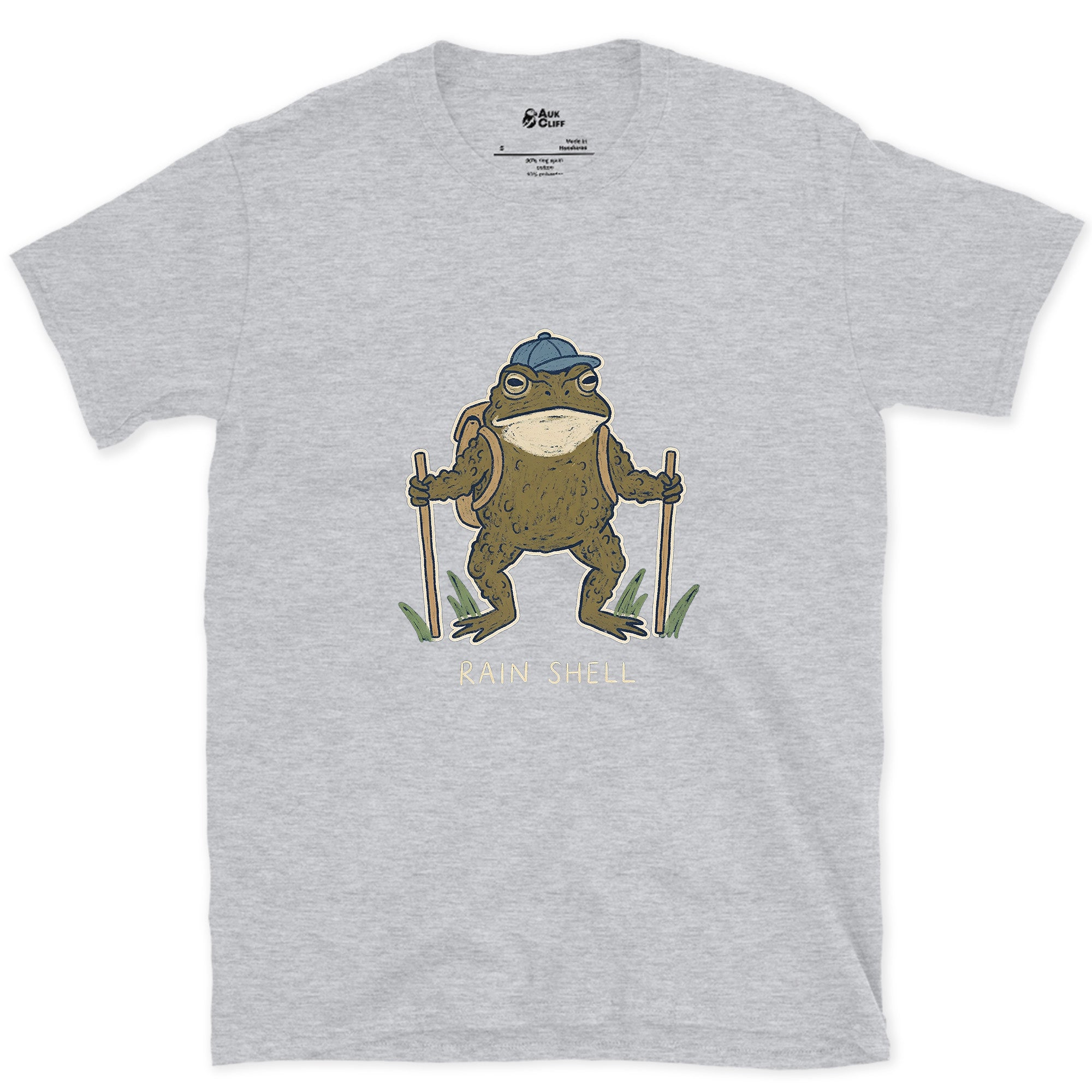 Rain Shell, Toad Hiker design on a Sport Grey Gildan Softstyle t-shirt