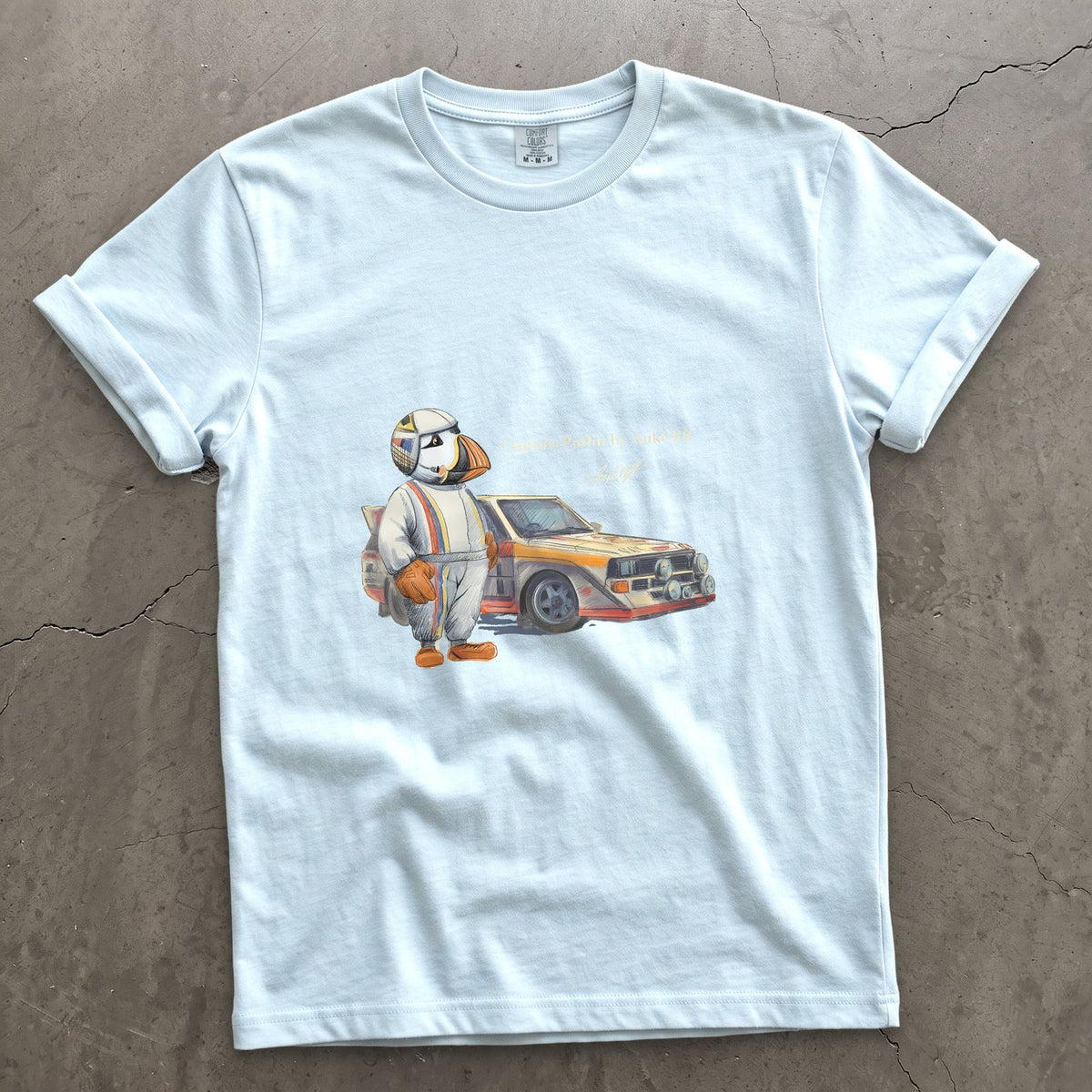 Captain Puffin Rally Driver on a Chambray Comfort Colors t-shirt