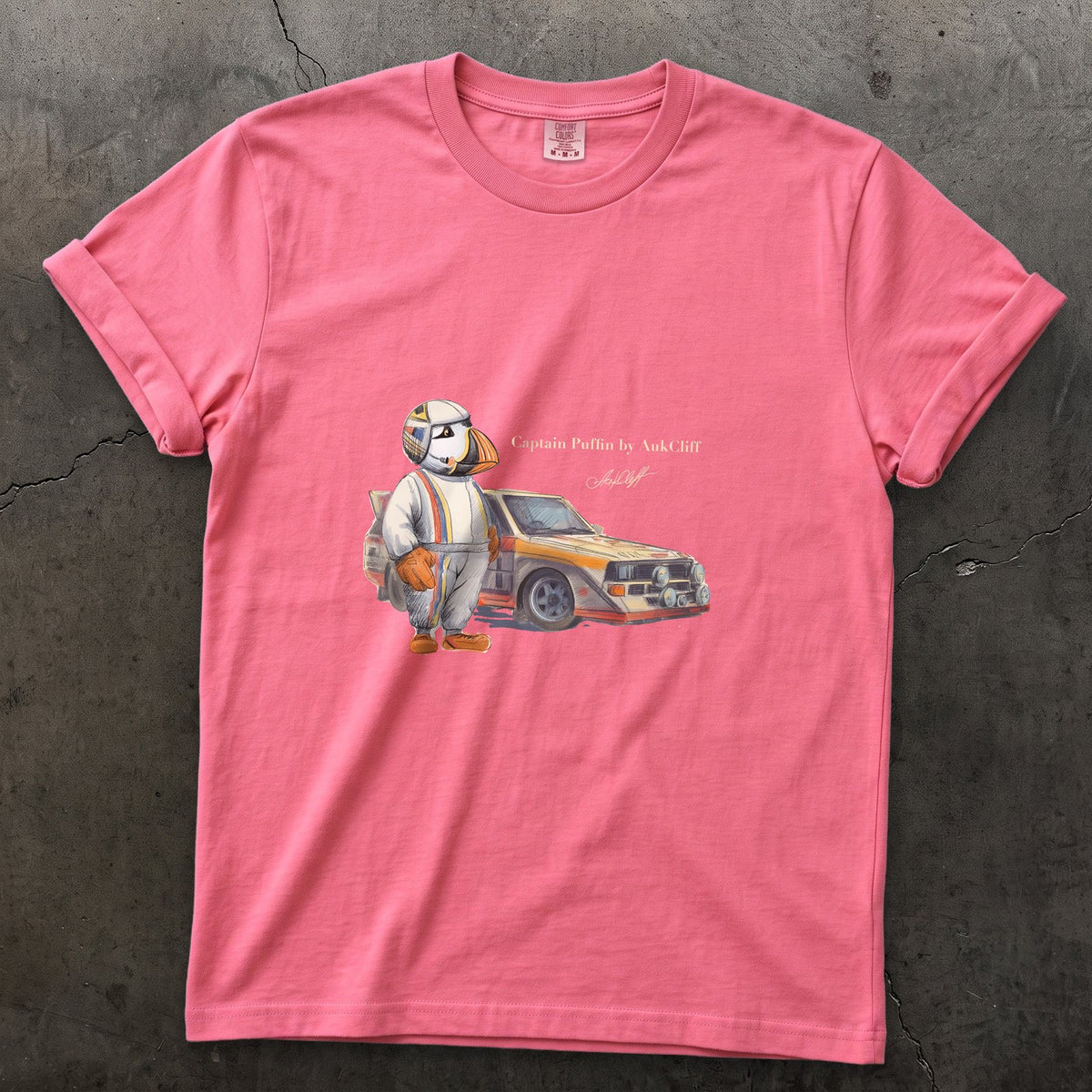 Captain Puffin Rally Driver on a Crunchberry Comfort Colors t-shirt