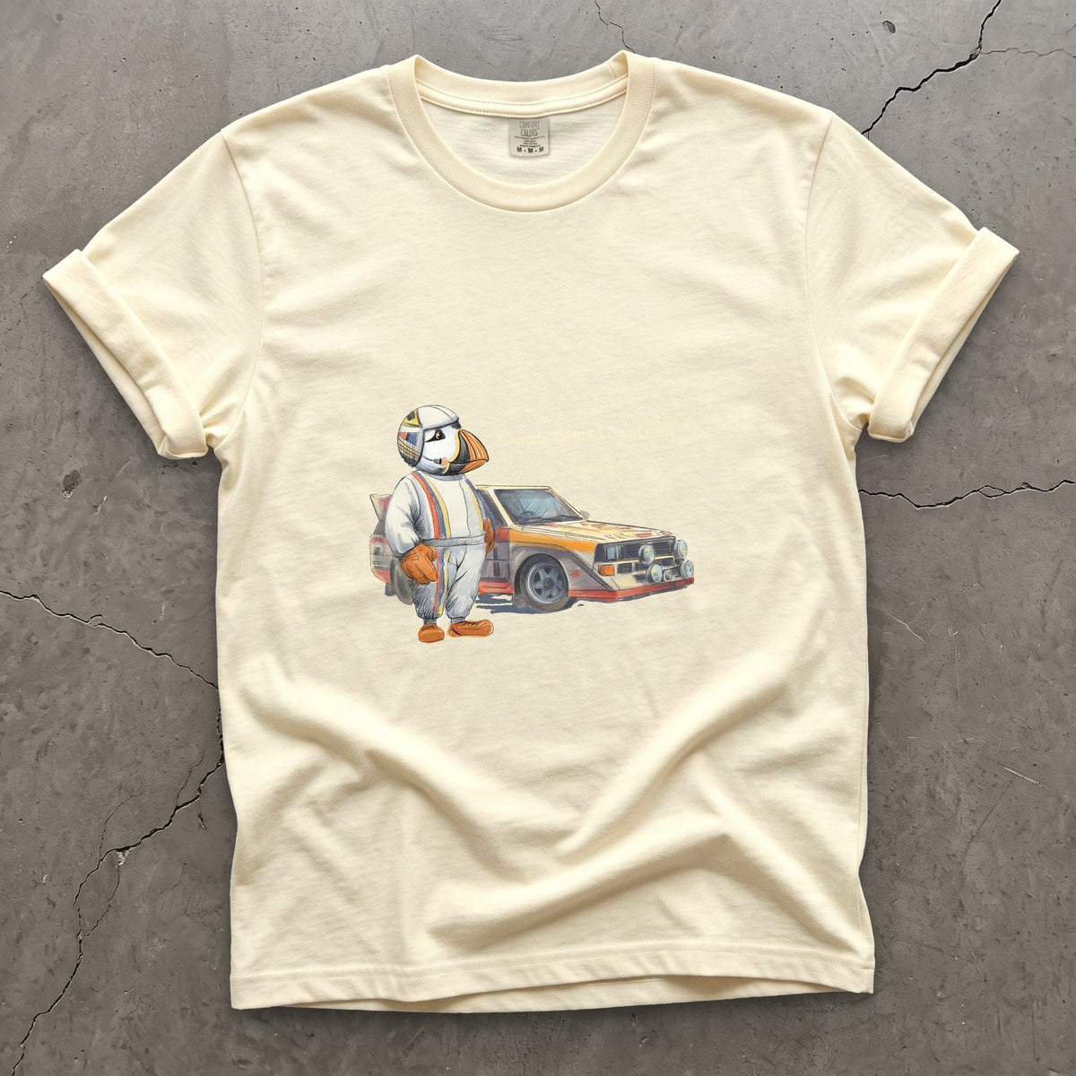 Captain Puffin Rally Driver on a Ivory Comfort Colors t-shirt