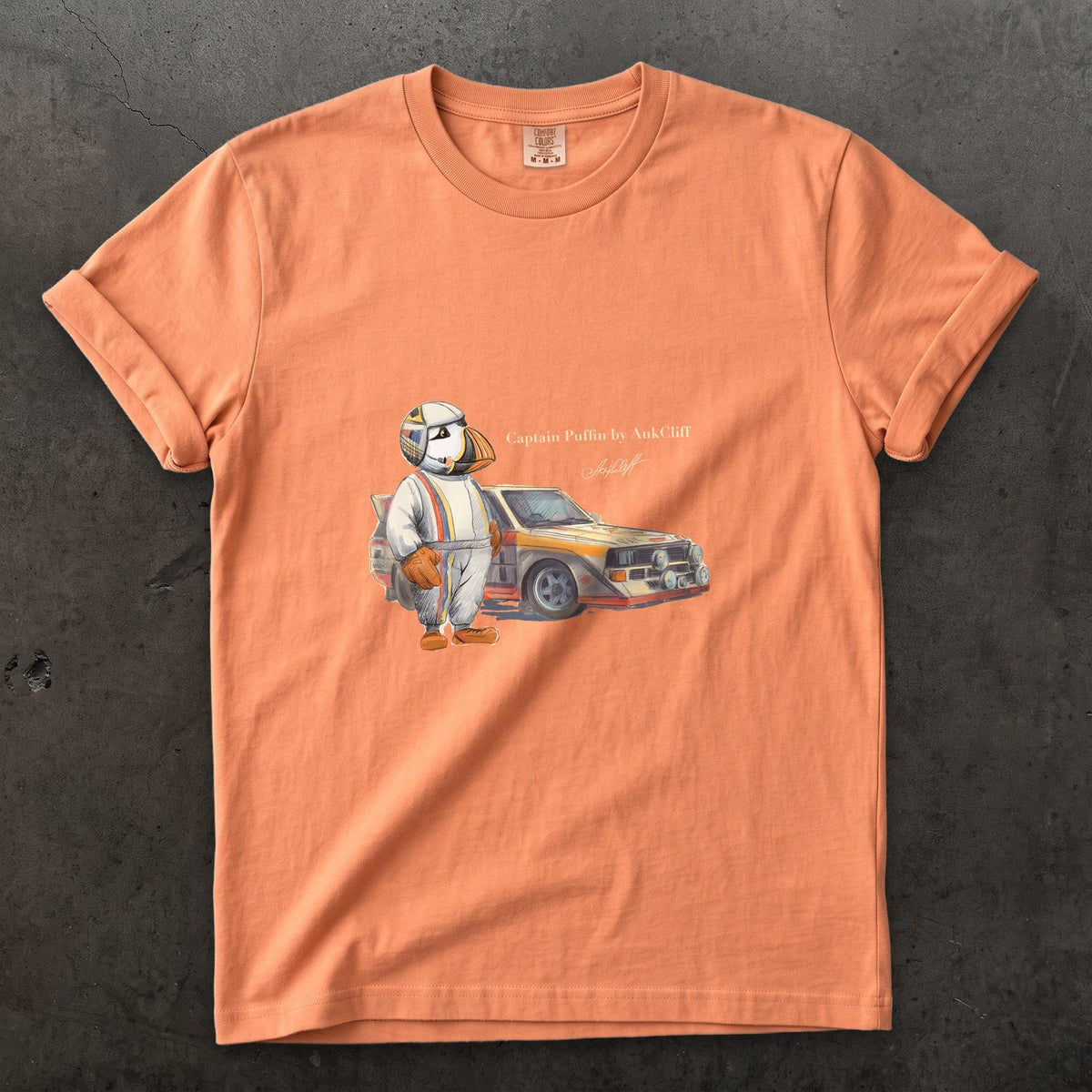 Captain Puffin Rally Driver on a Terracotta Comfort Colors t-shirt