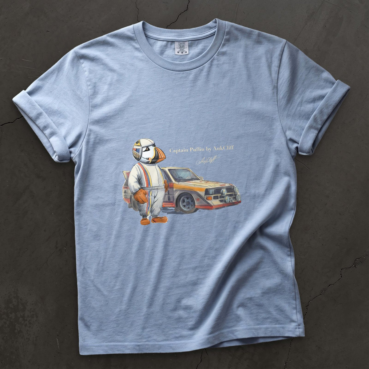 Captain Puffin Rally Driver on a Washed Denim Comfort Colors t-shirt