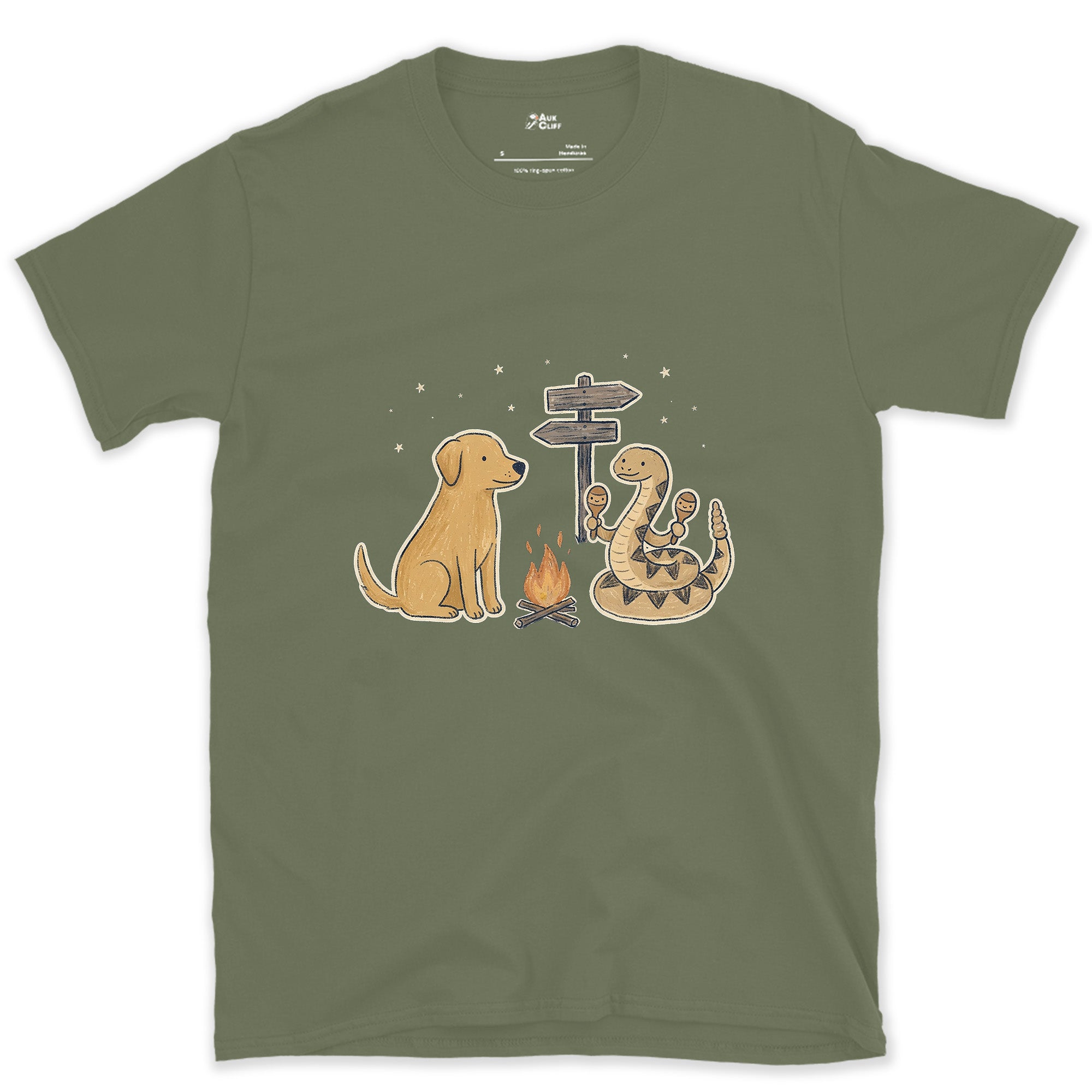 Didn't Need to Learn the Rattle Part, Trail Rattlesnake design on a Military Green Gildan Softstyle t-shirt