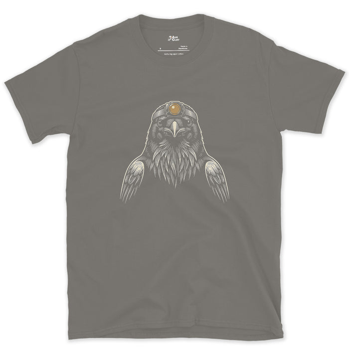 This Raven Has Somewhere to Be design on a Charcoal Gildan Softstyle t-shirt