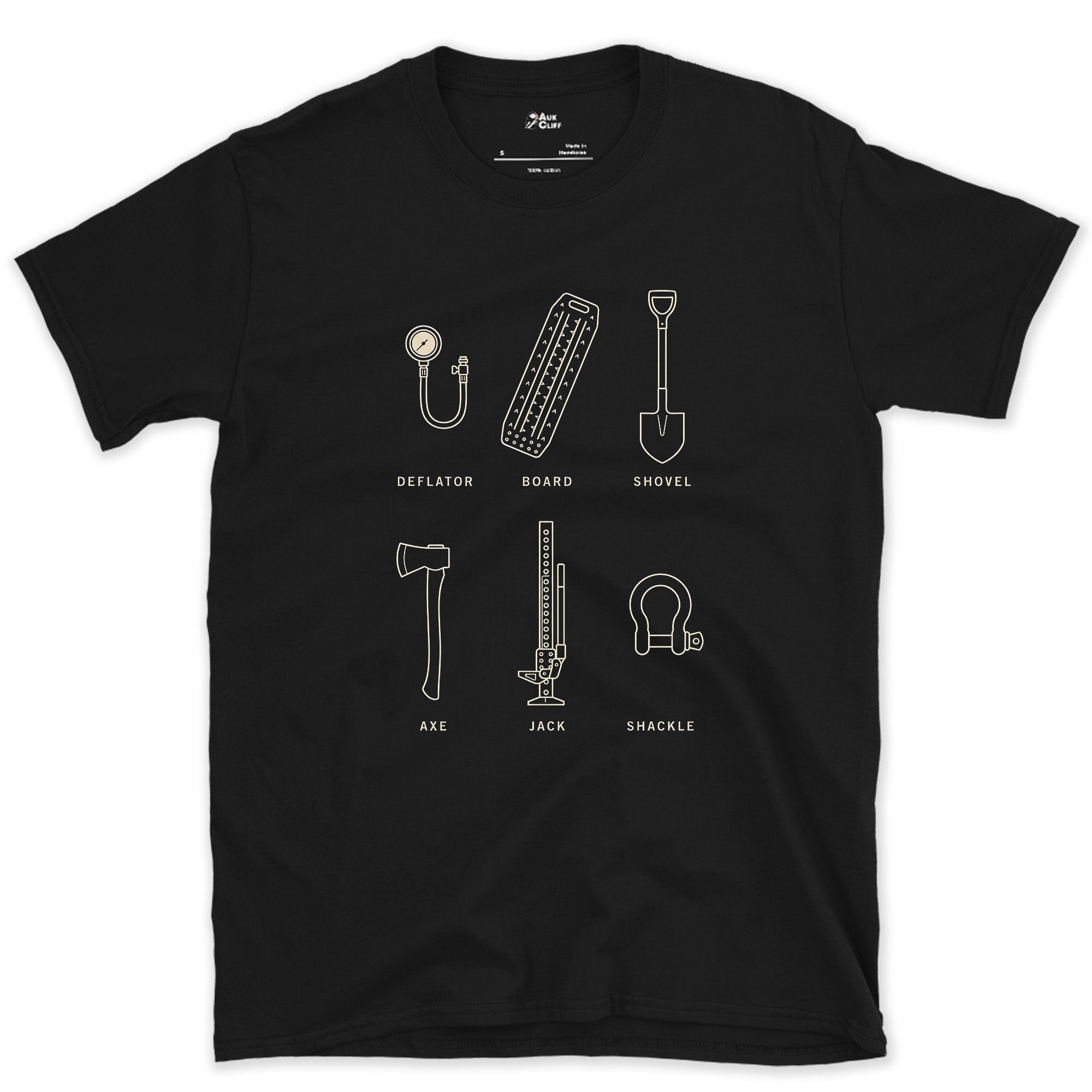 Deflator to Shackle, Recovery Gear List design on a Black Gildan Softstyle t-shirt