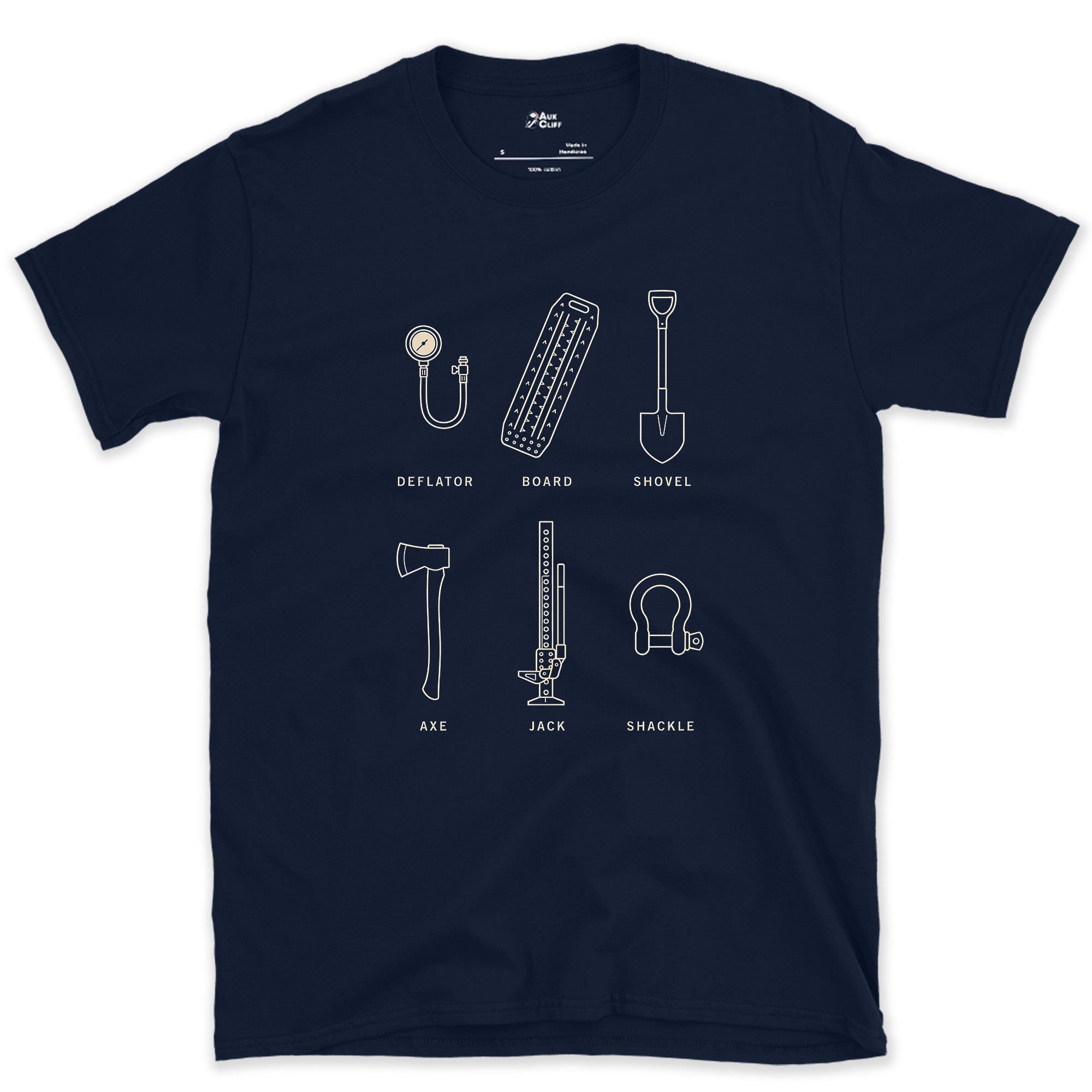 Deflator to Shackle, Recovery Gear List design on a Navy Gildan Softstyle t-shirt