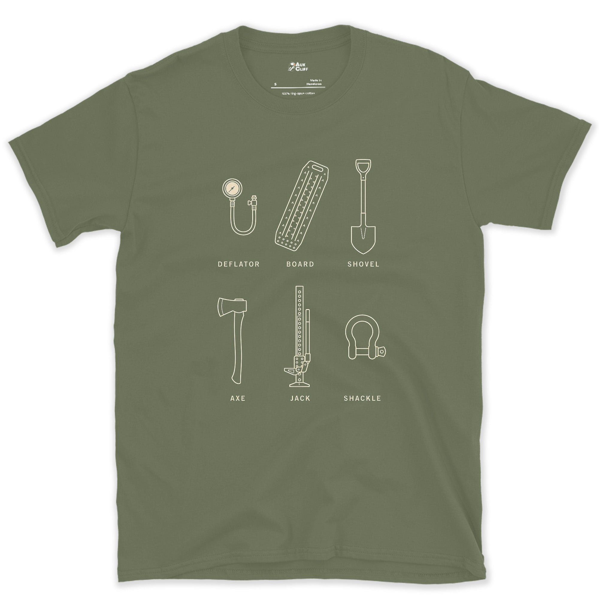 Deflator to Shackle, Recovery Gear List design on a Military Green Gildan Softstyle t-shirt