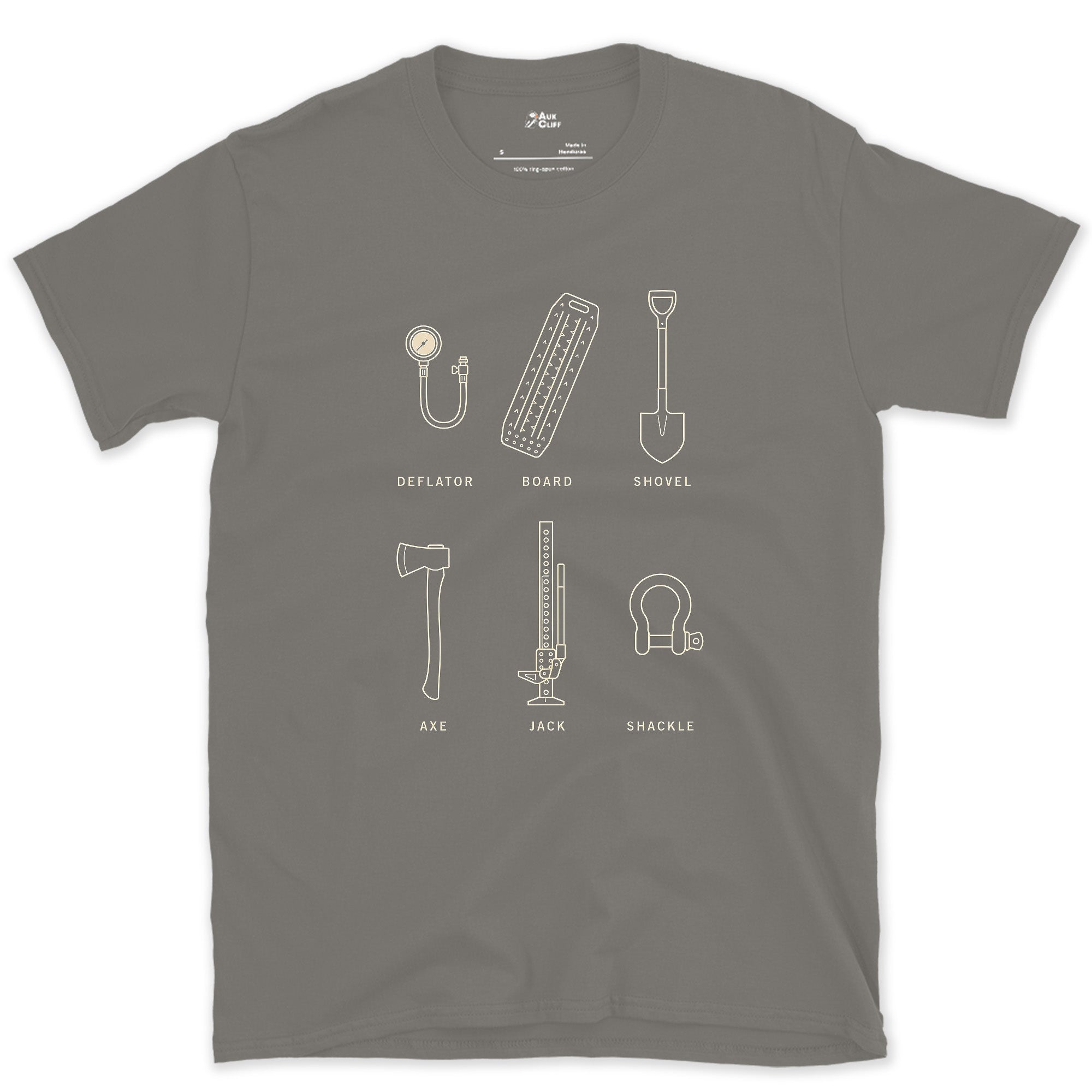 Deflator to Shackle, Recovery Gear List design on a Charcoal Gildan Softstyle t-shirt