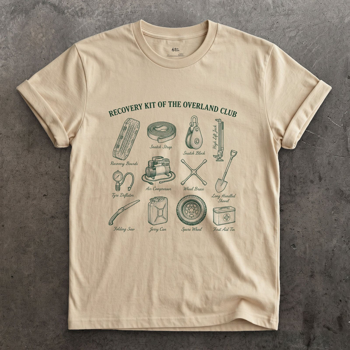 Twelve Overland Recovery Tools for the Day You Get Stuck design on a Sand Gildan Softstyle t-shirt
