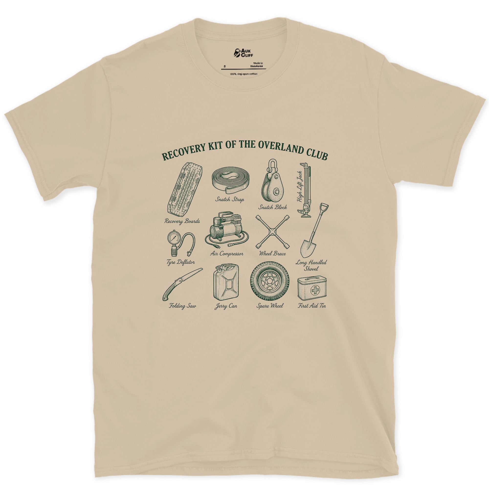 Twelve Overland Recovery Tools for the Day You Get Stuck design on a Sand Gildan Softstyle t-shirt