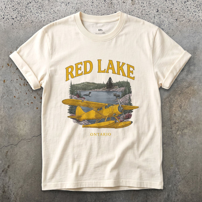 Red Lake Bush Plane design on a Natural Gildan Softstyle t-shirt