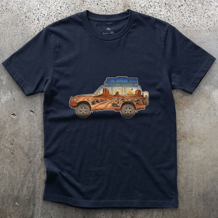 Red Rock Track, Four Wheel Drive design on a Navy Gildan Softstyle t-shirt