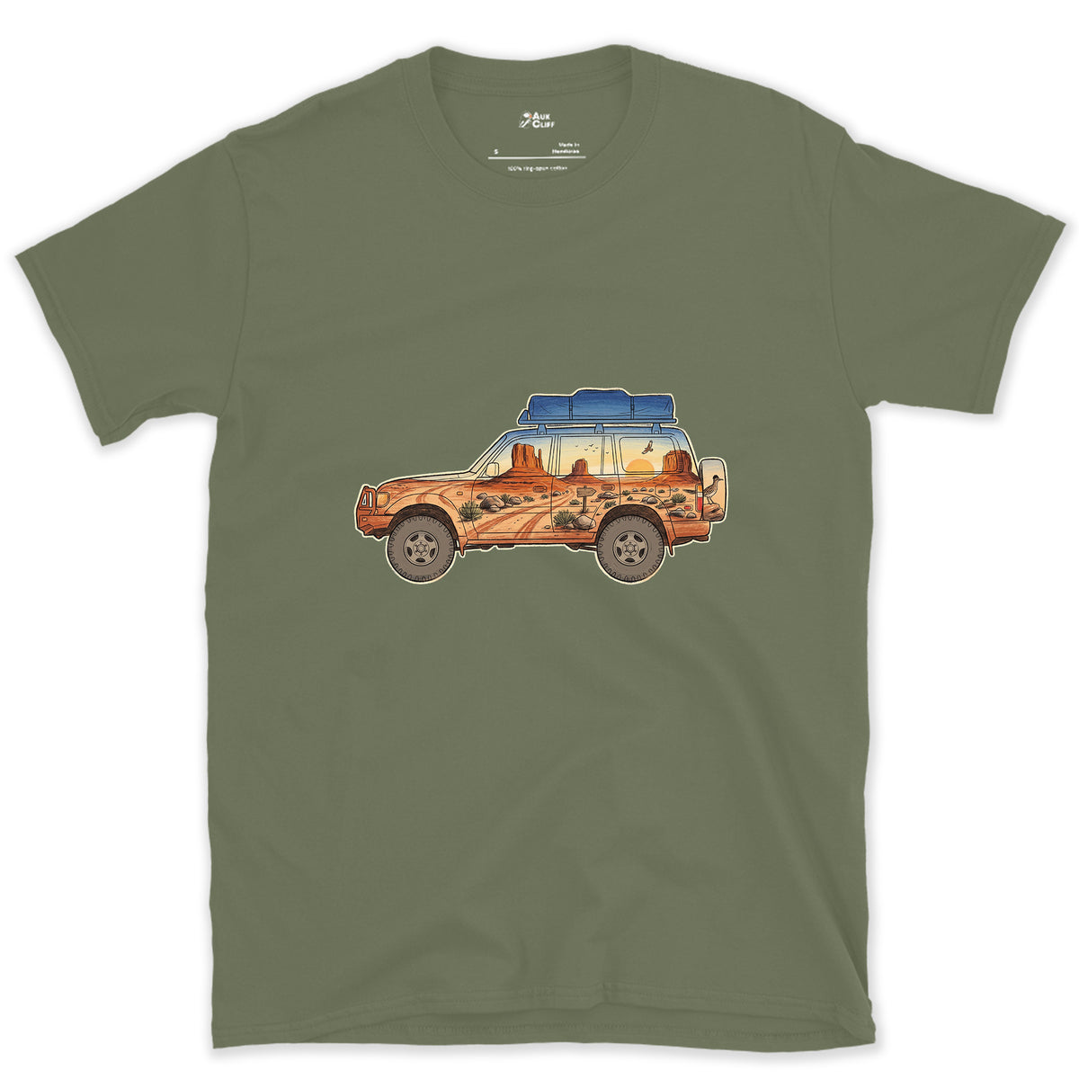 Red Rock Track, Four Wheel Drive design on a Military Green Gildan Softstyle t-shirt