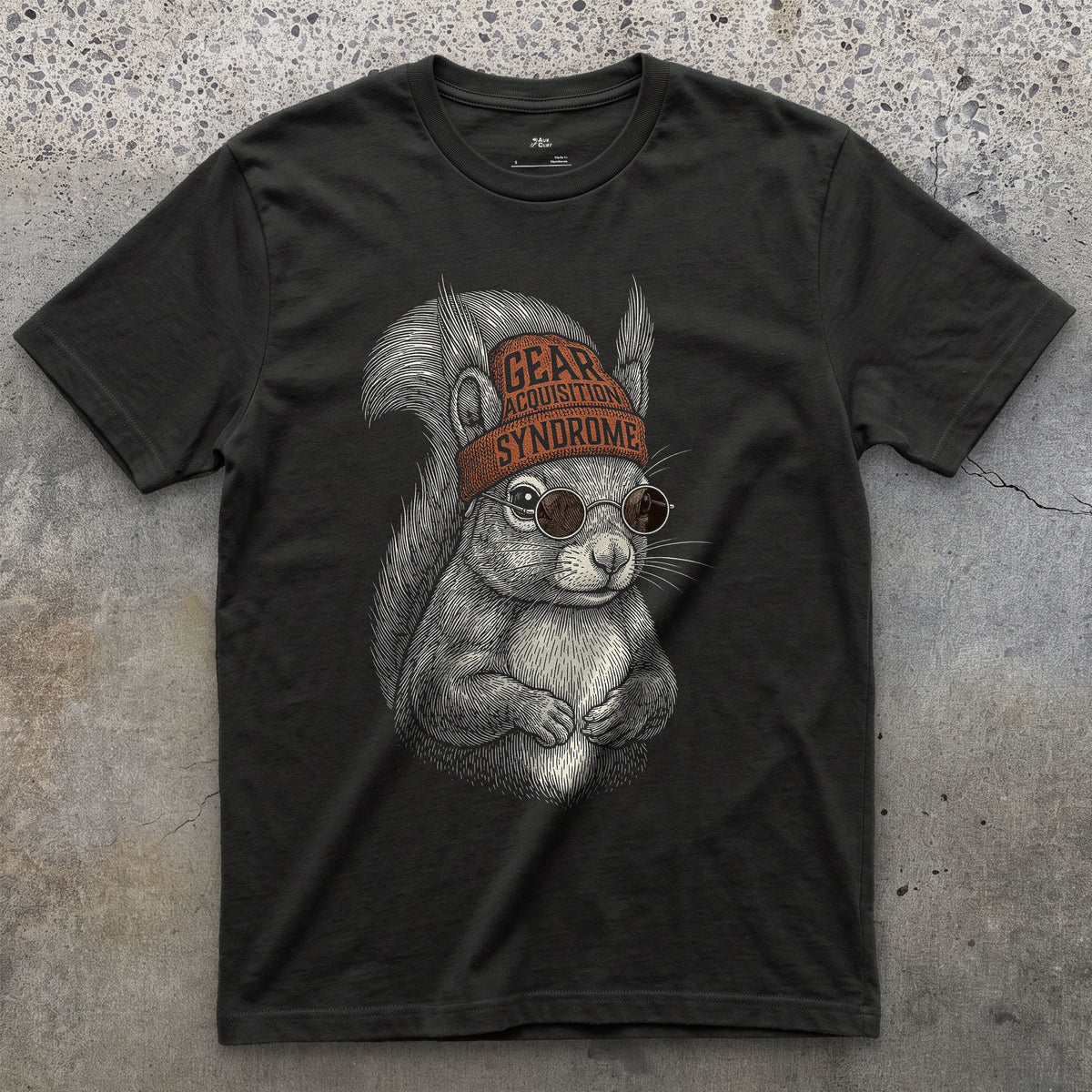 Gear Acquisition Syndrome, Red Squirrel in the Woods design on a Black Gildan Softstyle t-shirt