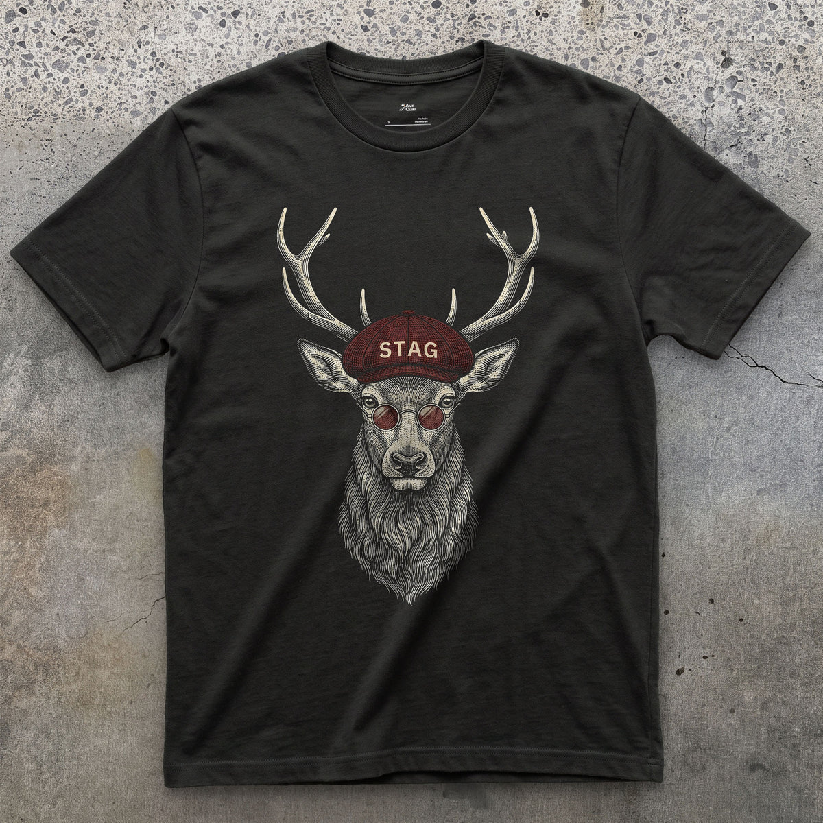 Stag, a Red Deer in a Flat Cap in the Wild design on a Black Gildan Softstyle t-shirt