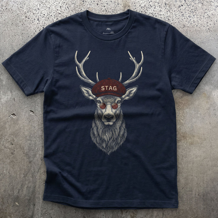 Stag, a Red Deer in a Flat Cap in the Wild design on a Navy Gildan Softstyle t-shirt