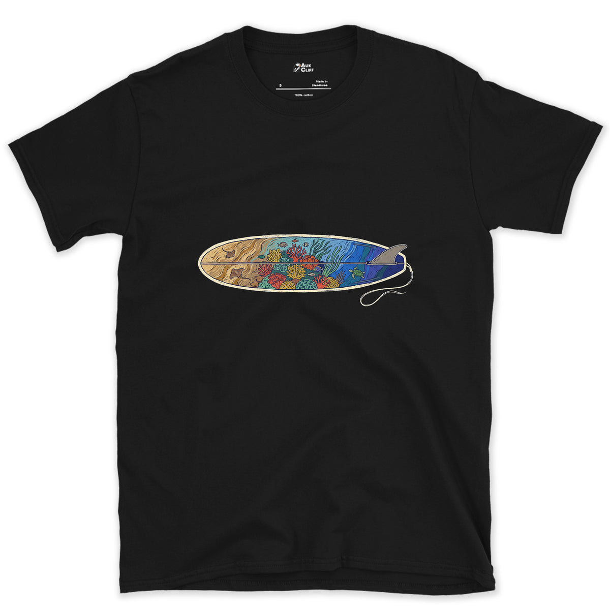 Reef Under the Longboard design on a Black Gildan Softstyle t-shirt
