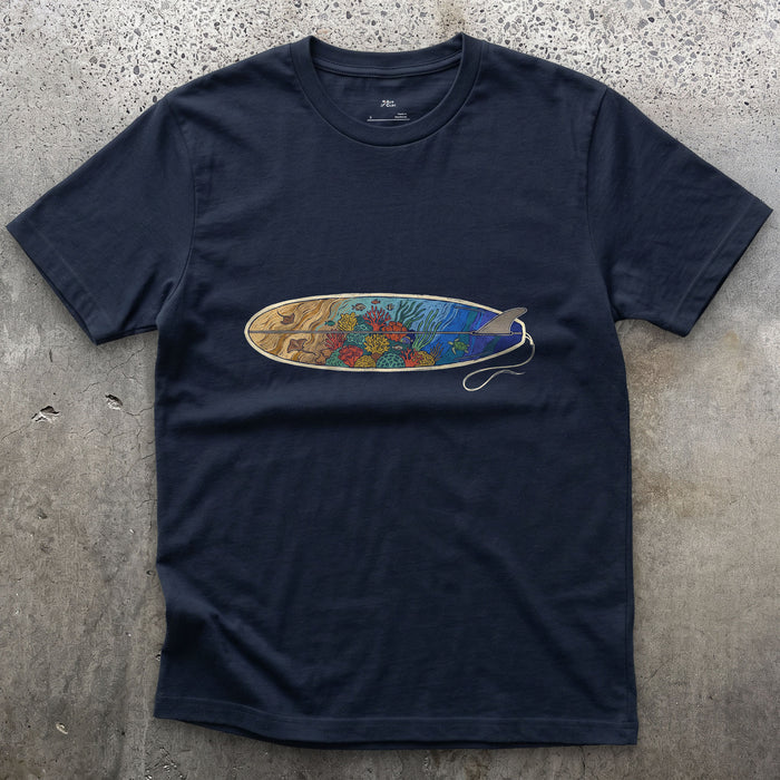 Reef Under the Longboard design on a Navy Gildan Softstyle t-shirt