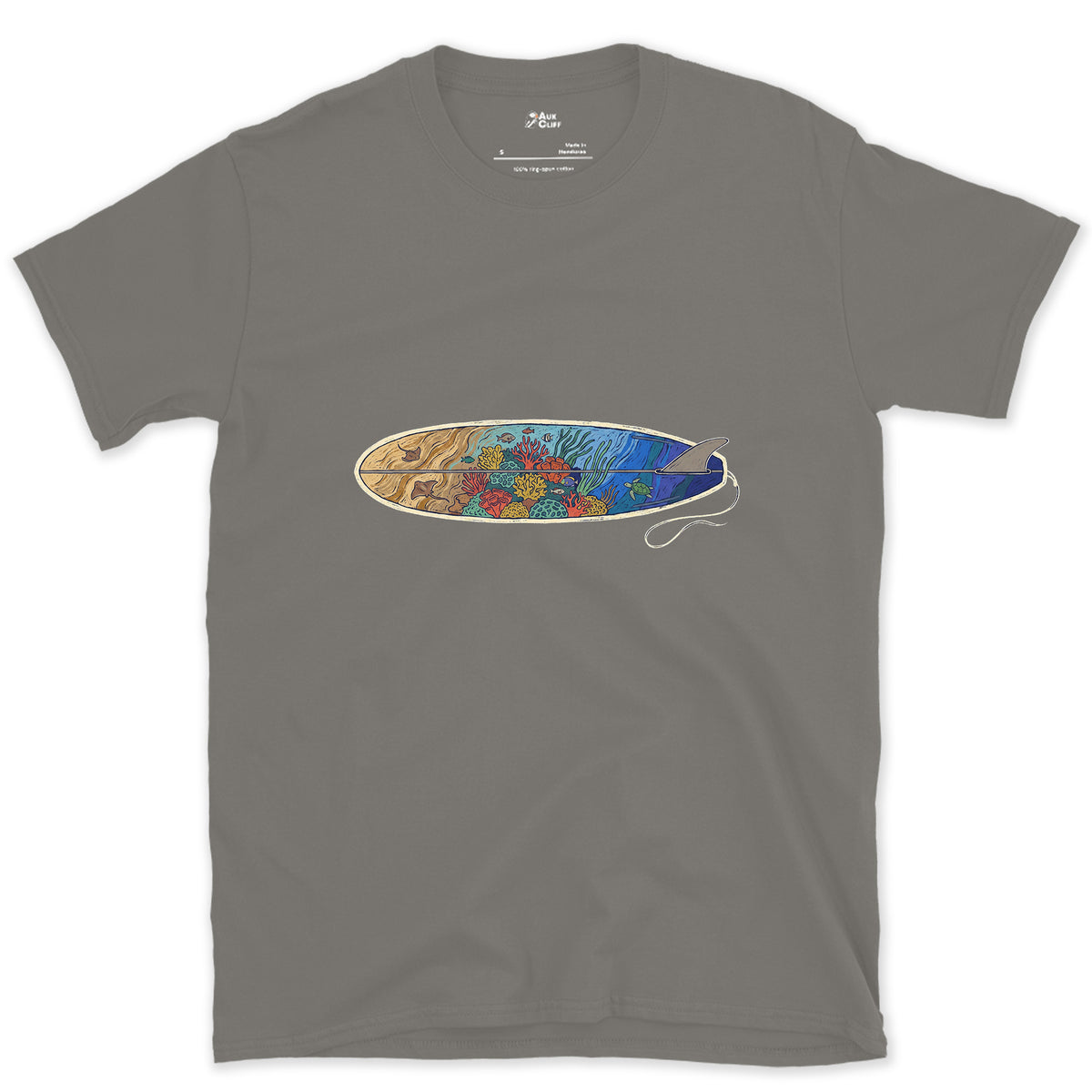Reef Under the Longboard design on a Charcoal Gildan Softstyle t-shirt