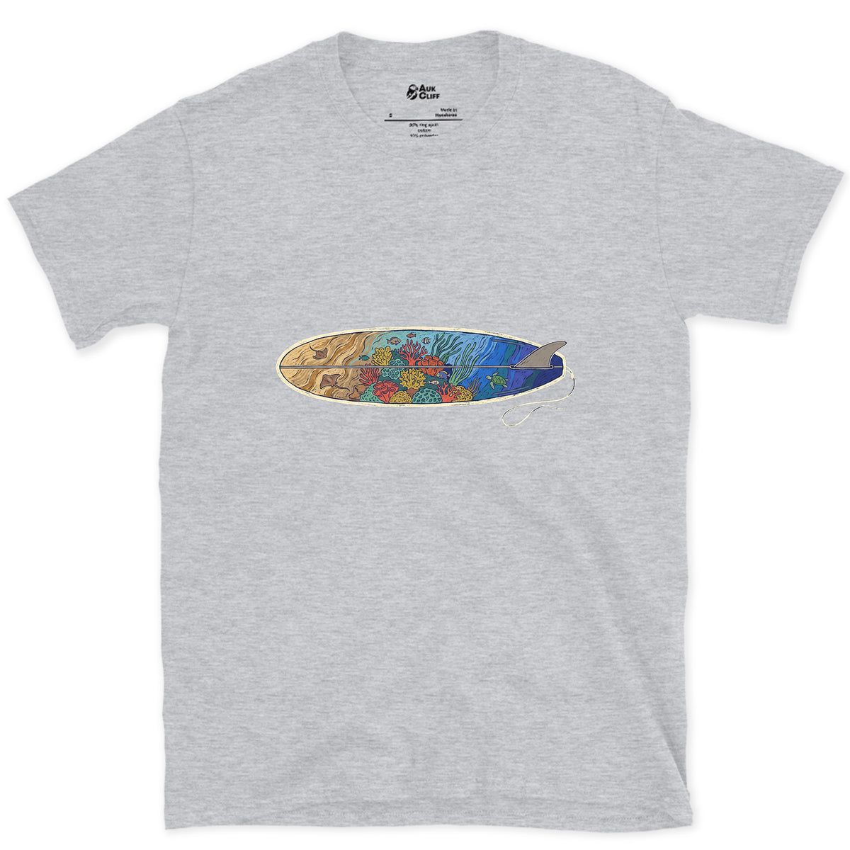 Reef Under the Longboard design on a Sport Grey Gildan Softstyle t-shirt