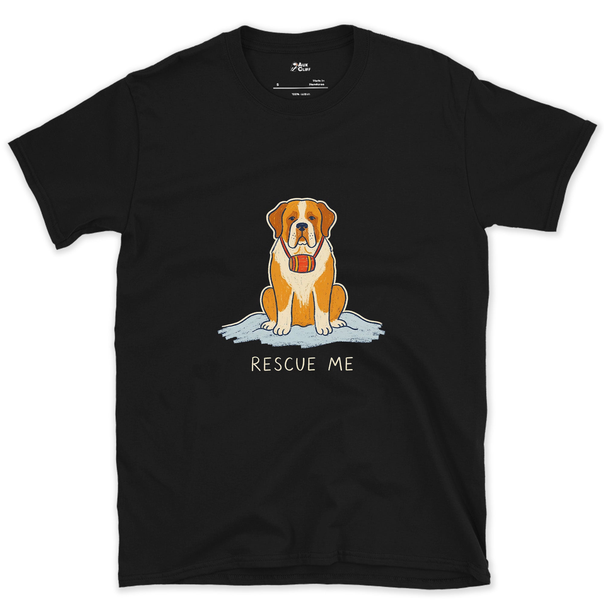 Rescue Me, St Bernard in the Snow With a Barrel design on a Black Gildan Softstyle t-shirt