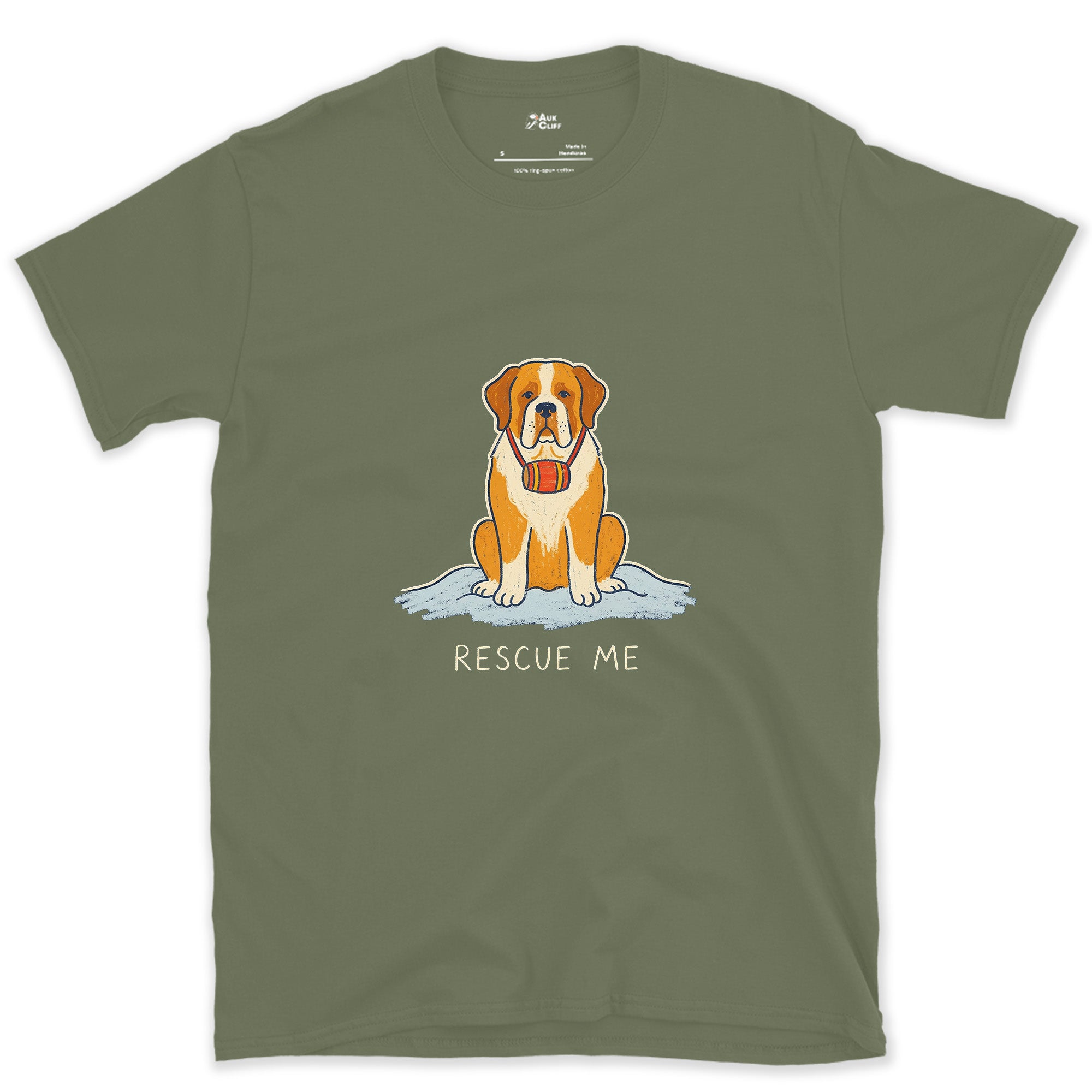 Rescue Me, St Bernard in the Snow With a Barrel design on a Military Green Gildan Softstyle t-shirt