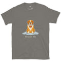 Rescue Me, St Bernard in the Snow With a Barrel design on a Charcoal Gildan Softstyle t-shirt