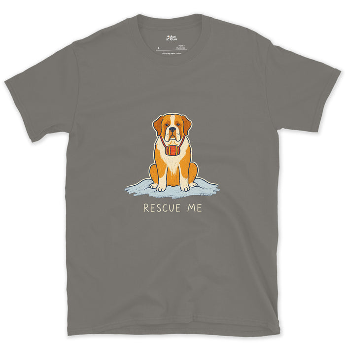 Rescue Me, St Bernard in the Snow With a Barrel design on a Charcoal Gildan Softstyle t-shirt