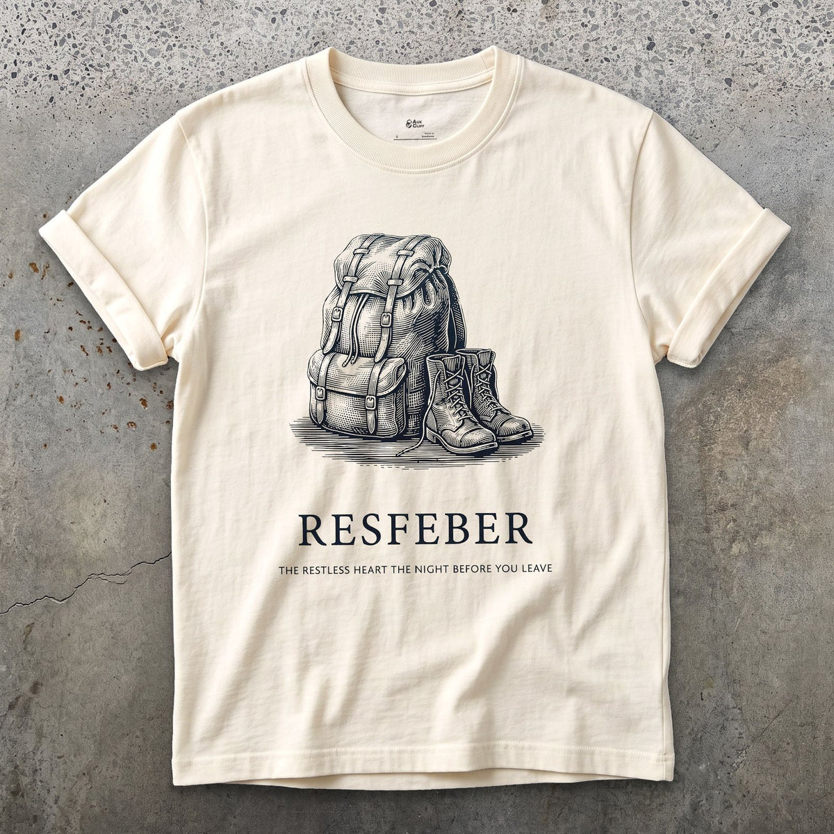 Resfeber, the Restless Heart the Night Before You Leave design on a Natural Gildan Softstyle t-shirt