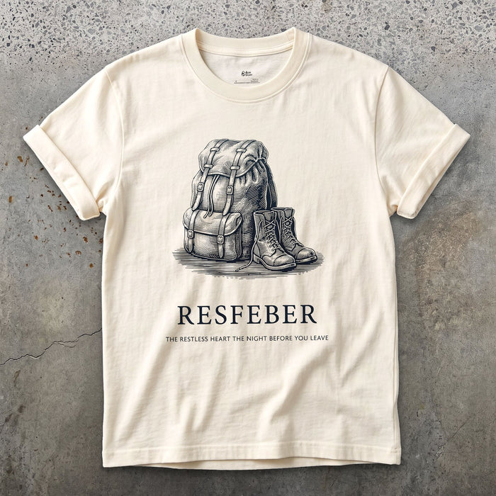 Resfeber, the Restless Heart the Night Before You Leave design on a Natural Gildan Softstyle t-shirt