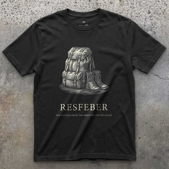 Resfeber, the Restless Heart the Night Before You Leave design on a Black Gildan Softstyle t-shirt