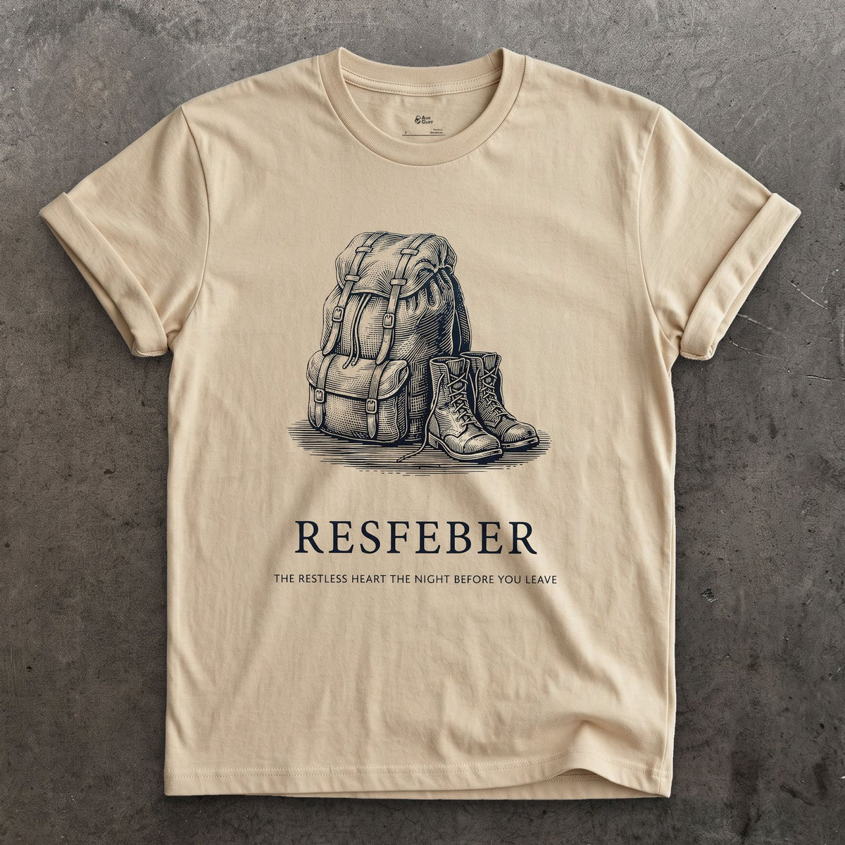 Resfeber, the Restless Heart the Night Before You Leave design on a Sand Gildan Softstyle t-shirt