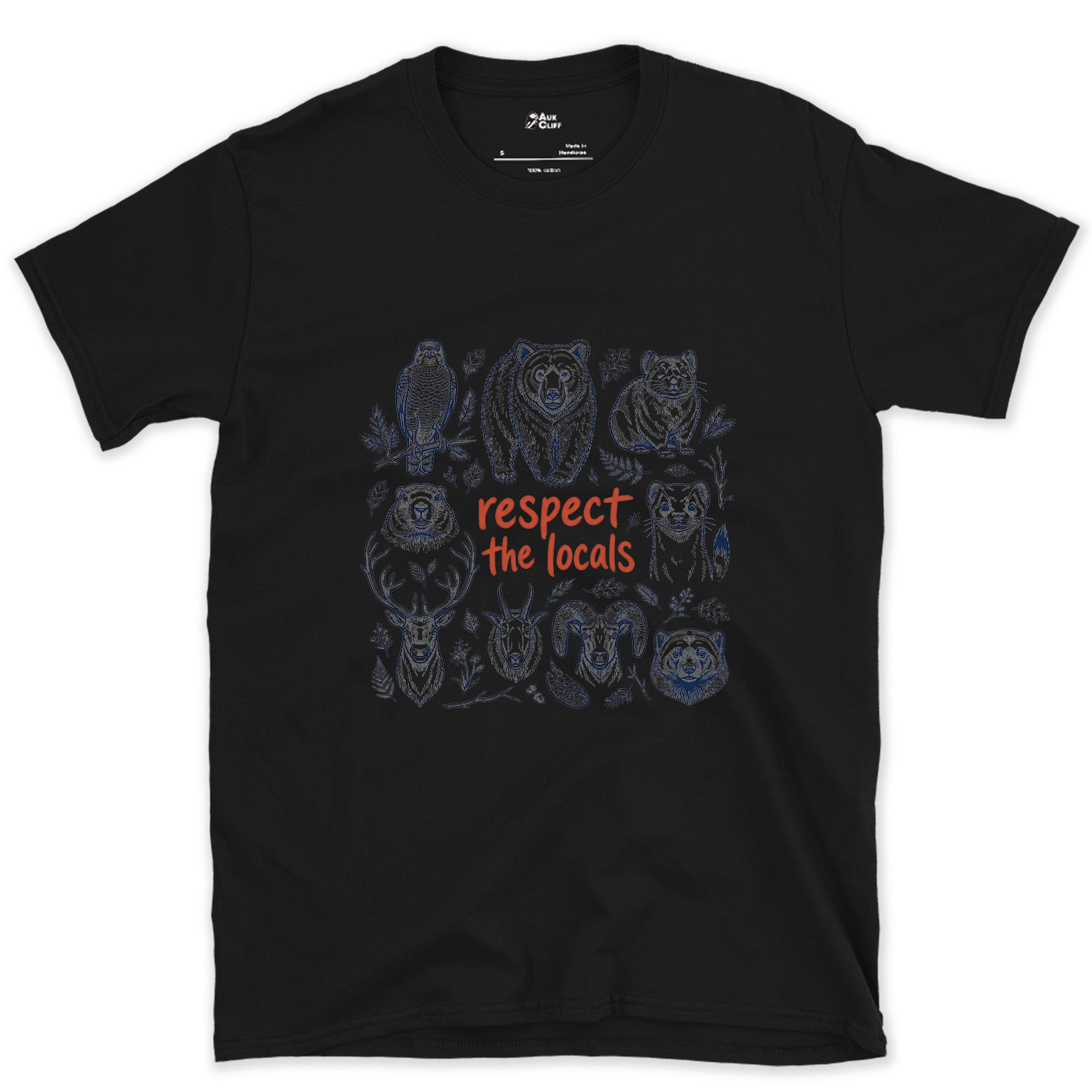 Respect the Mountain Locals, Animal Grid design on a Black Gildan Softstyle t-shirt