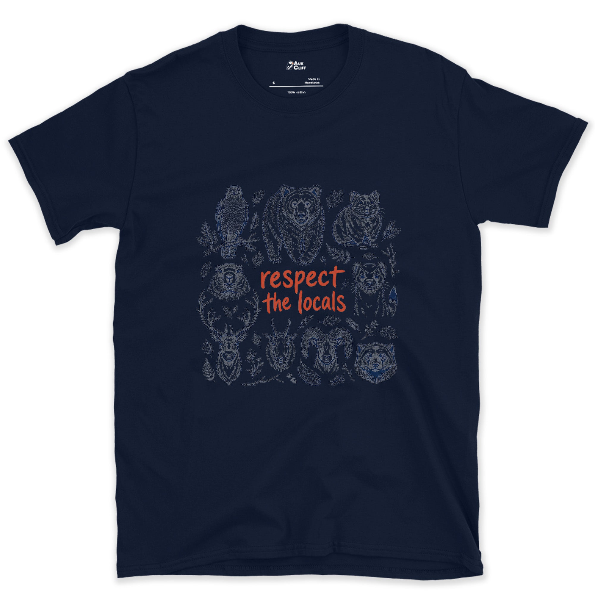 Respect the Mountain Locals, Animal Grid design on a Navy Gildan Softstyle t-shirt