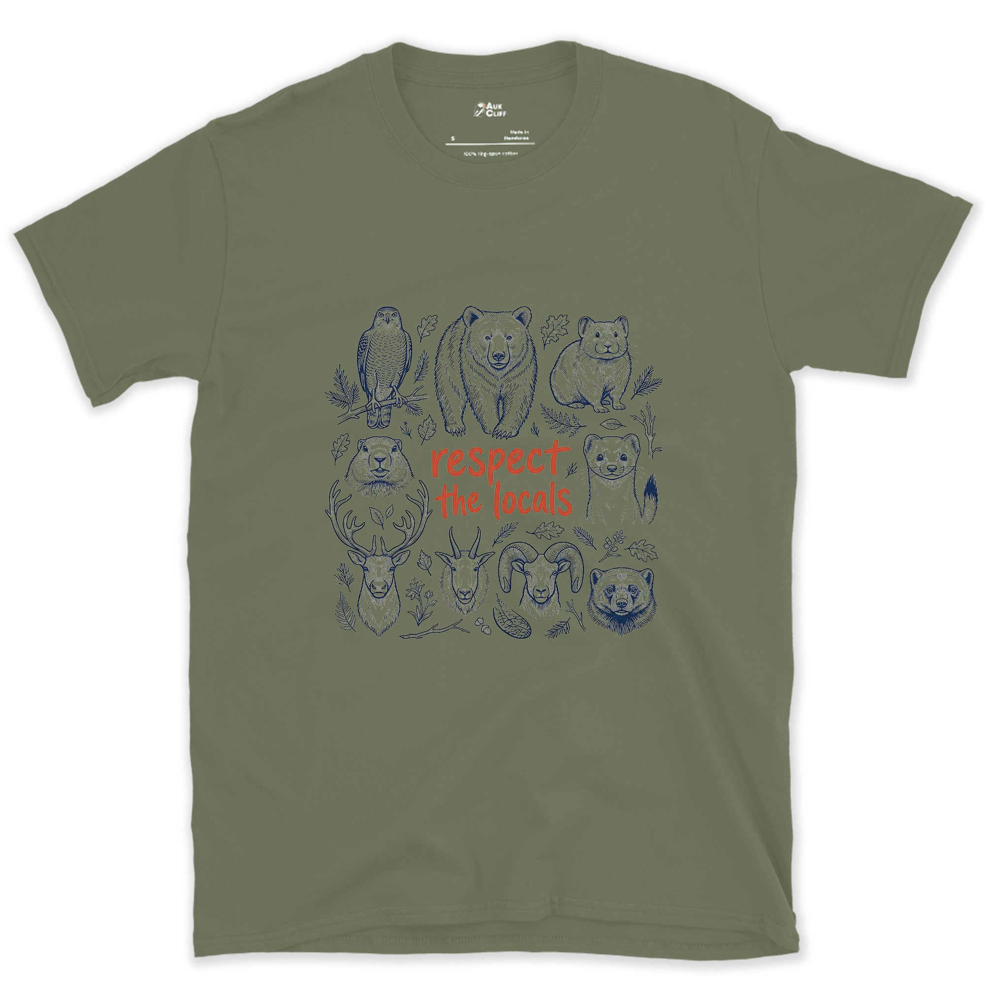 Respect the Mountain Locals, Animal Grid design on a Military Green Gildan Softstyle t-shirt
