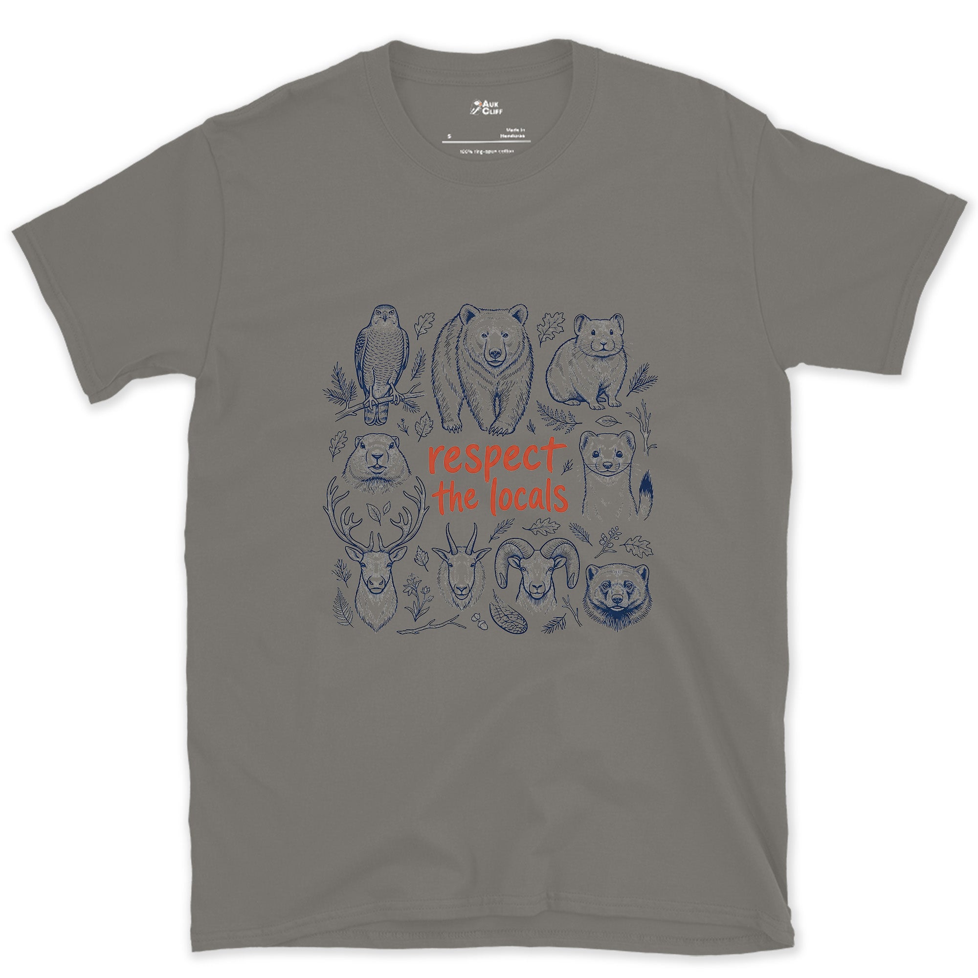 Respect the Mountain Locals, Animal Grid design on a Charcoal Gildan Softstyle t-shirt