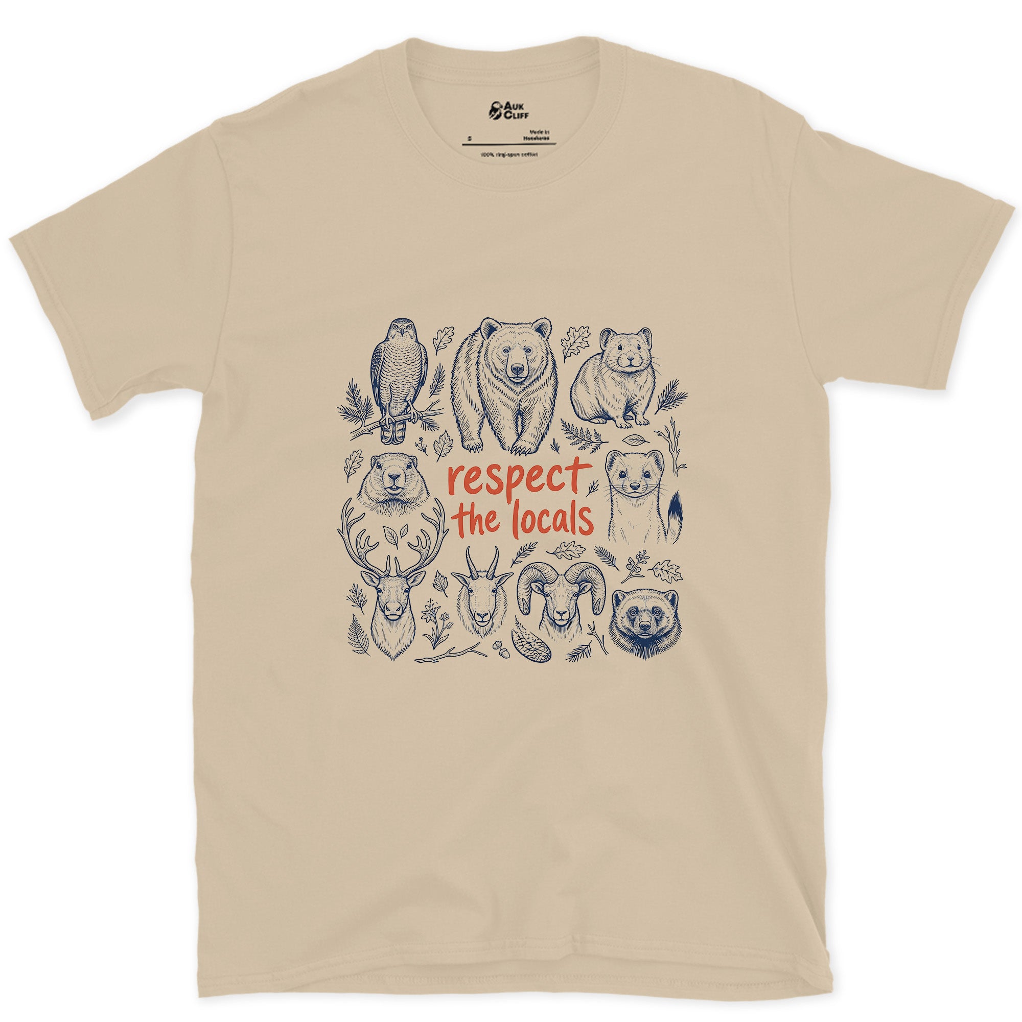 Respect the Mountain Locals, Animal Grid design on a Sand Gildan Softstyle t-shirt