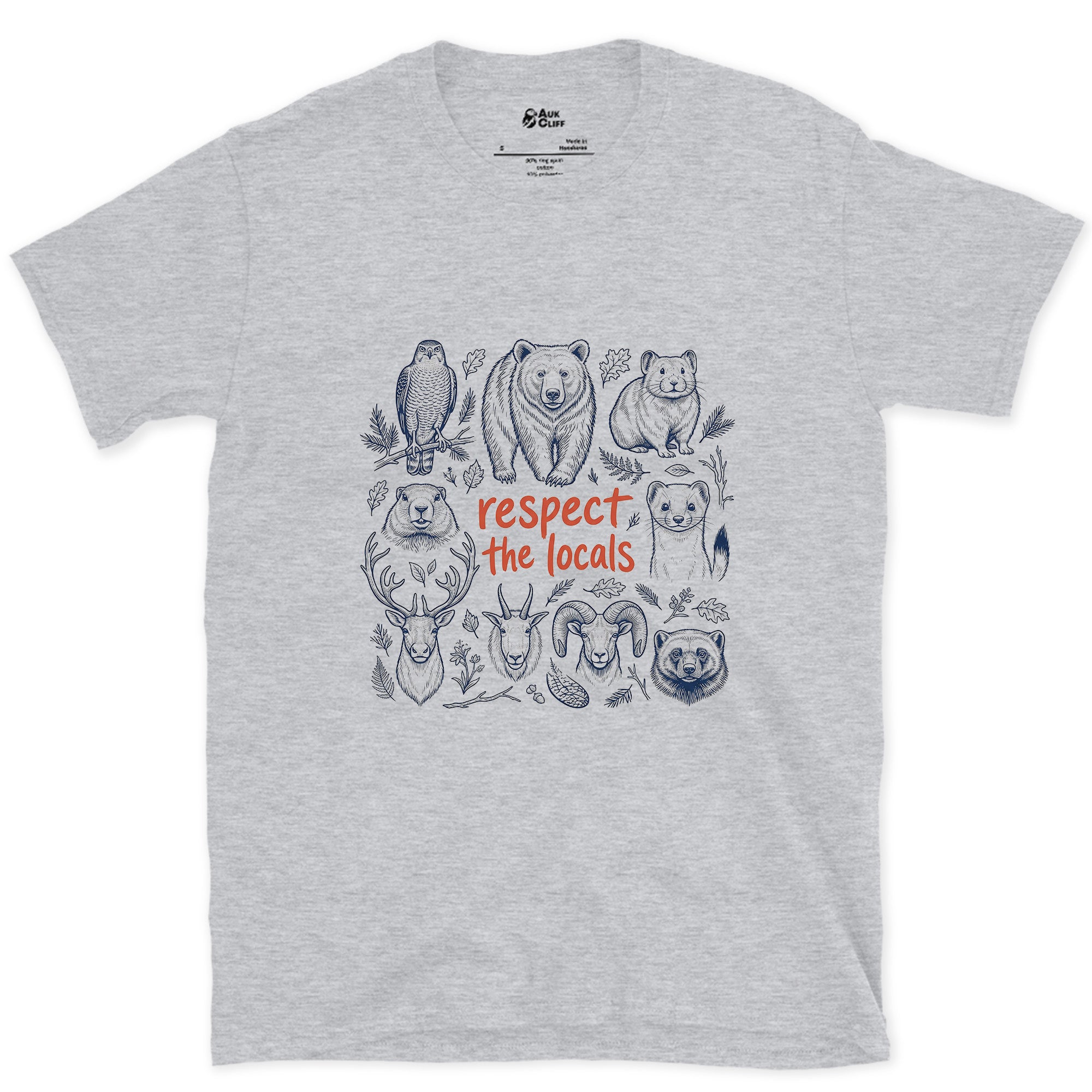 Respect the Mountain Locals, Animal Grid design on a Sport Grey Gildan Softstyle t-shirt