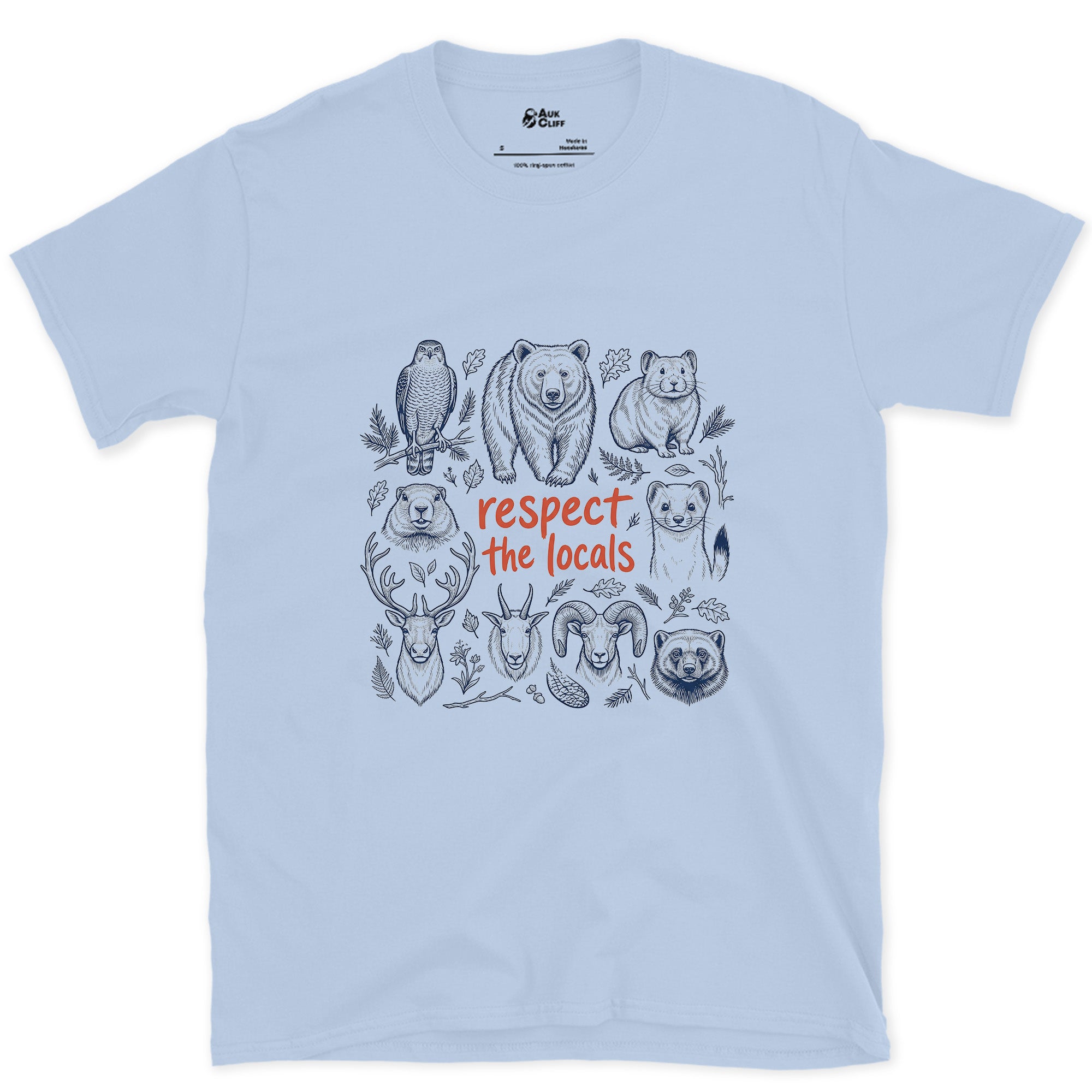 Respect the Mountain Locals, Animal Grid design on a Light Blue Gildan Softstyle t-shirt