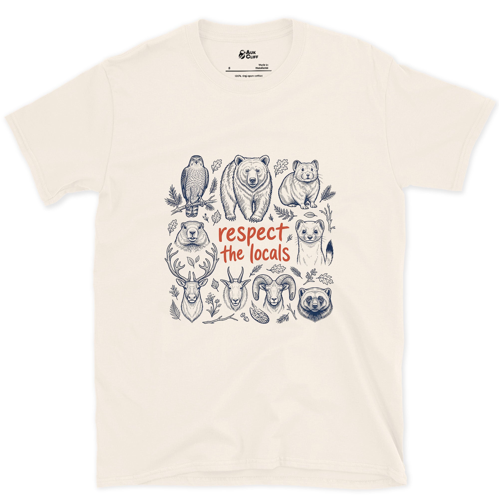 Respect the Mountain Locals, Animal Grid design on a Natural Gildan Softstyle t-shirt