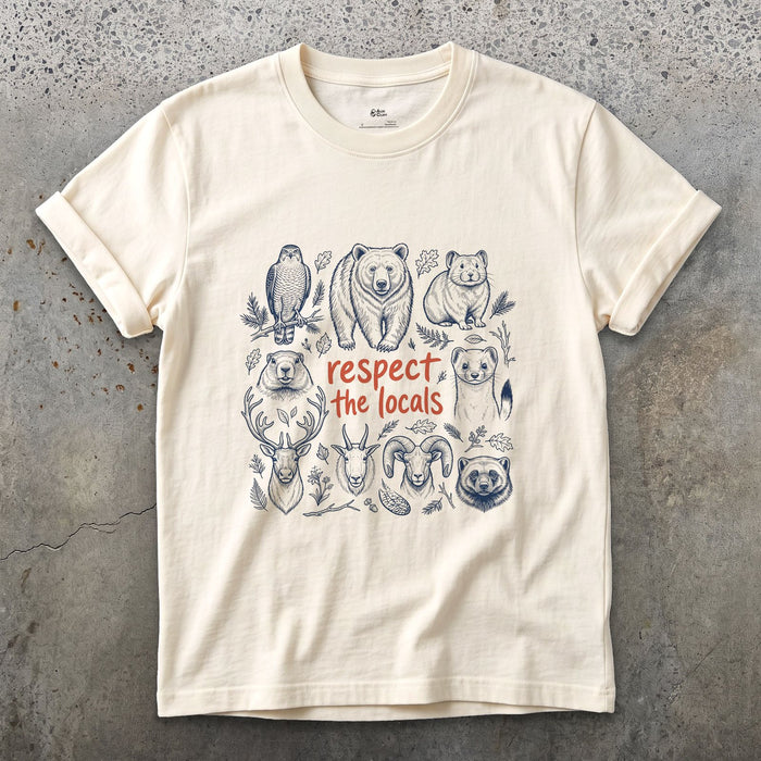 Respect the Mountain Locals, Animal Grid design on a Natural Gildan Softstyle t-shirt